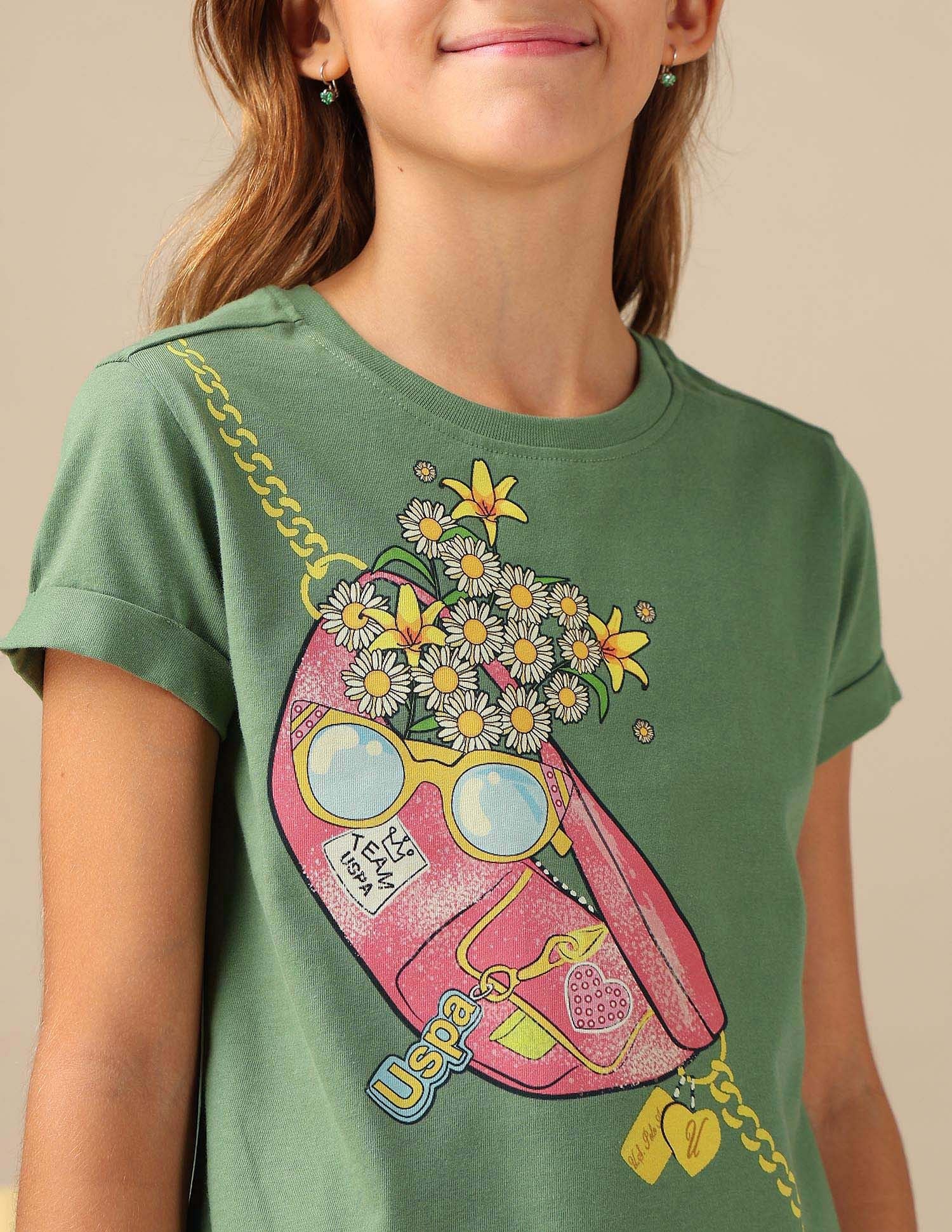 Girls Graphic Printed Relaxed Fit T-Shirt Olive - U.S. POLO ASSN. | Large