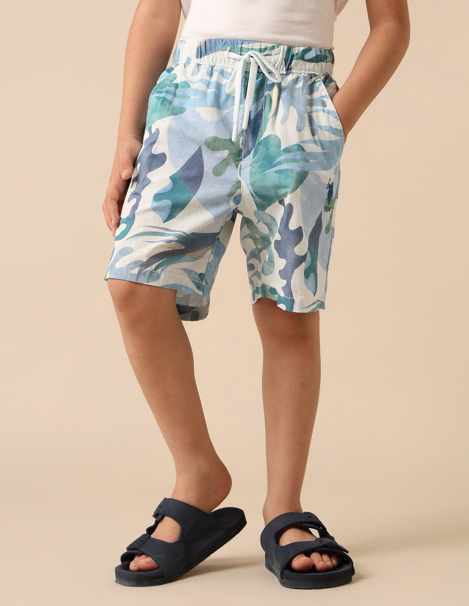 Boys Pure Cotton Tropical Printed Shorts Light Blue - U.S. POLO ASSN. | Large