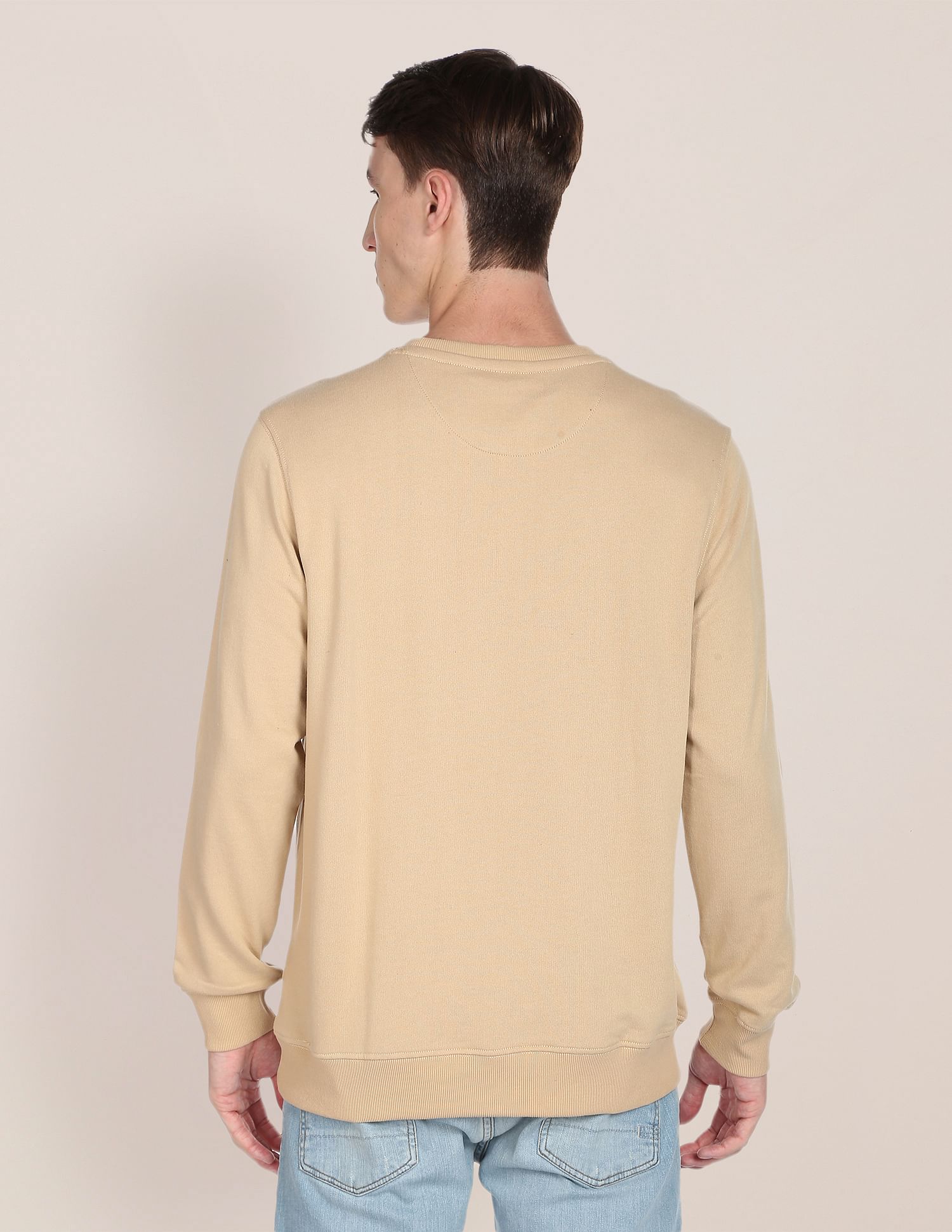 Men Beige Solid Ribbed Neck Sweatshirt Beige - U.S. POLO ASSN. | Large