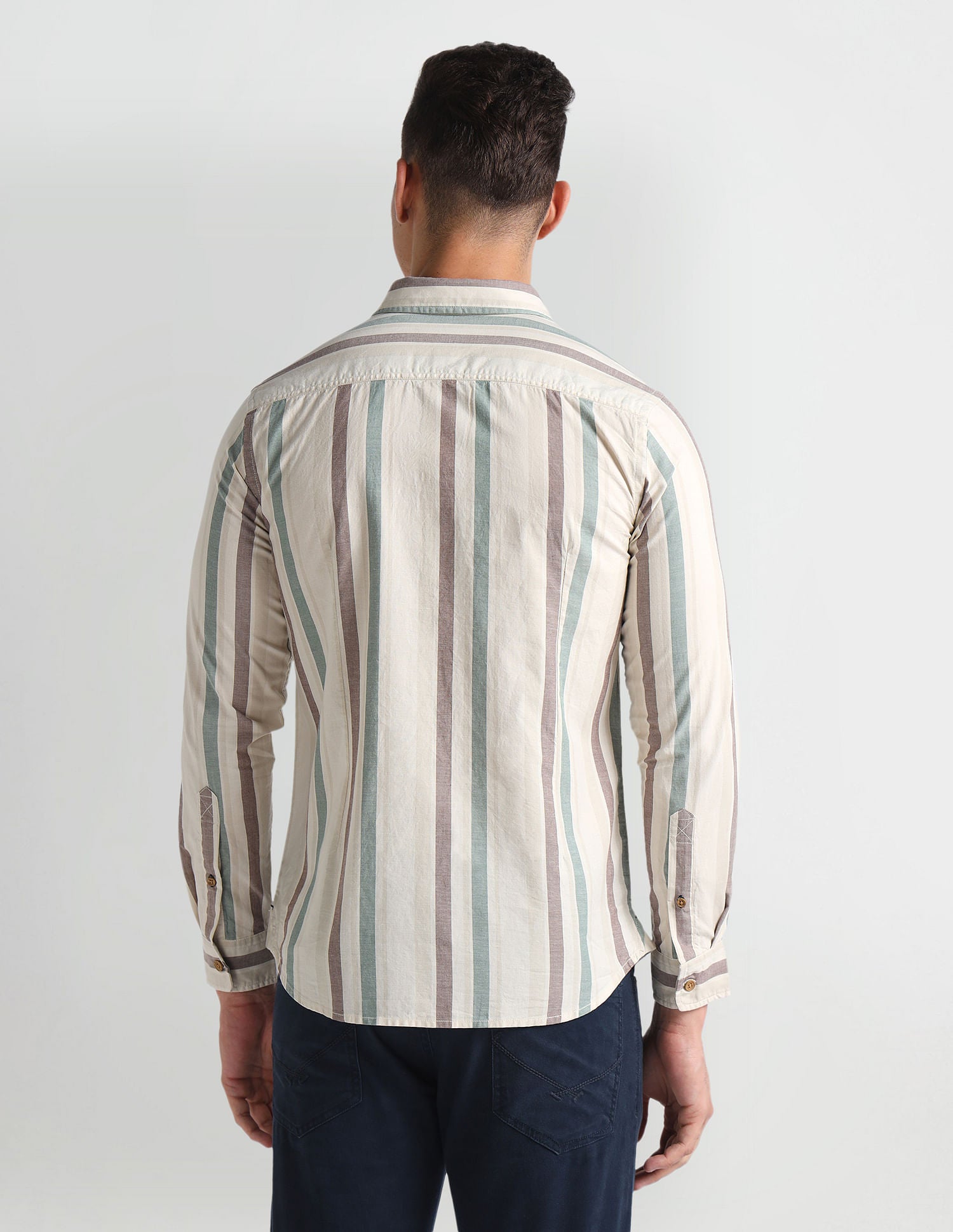 Vertical Stripe Slim Fit Shirt Green, White and Brown - U.S. Polo Assn. India | Large