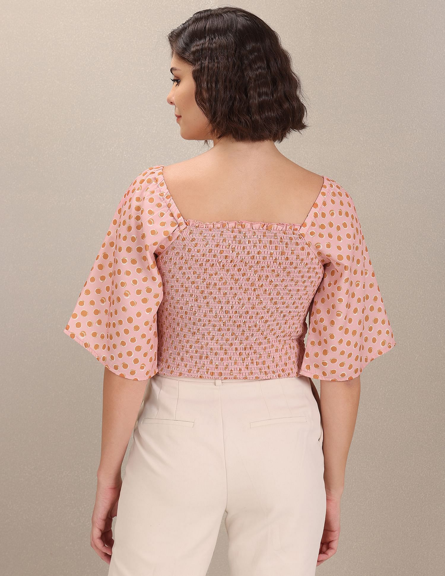 Square Neck Polka Dot Smocked Top Pink - U.S. Polo Assn. India | Large