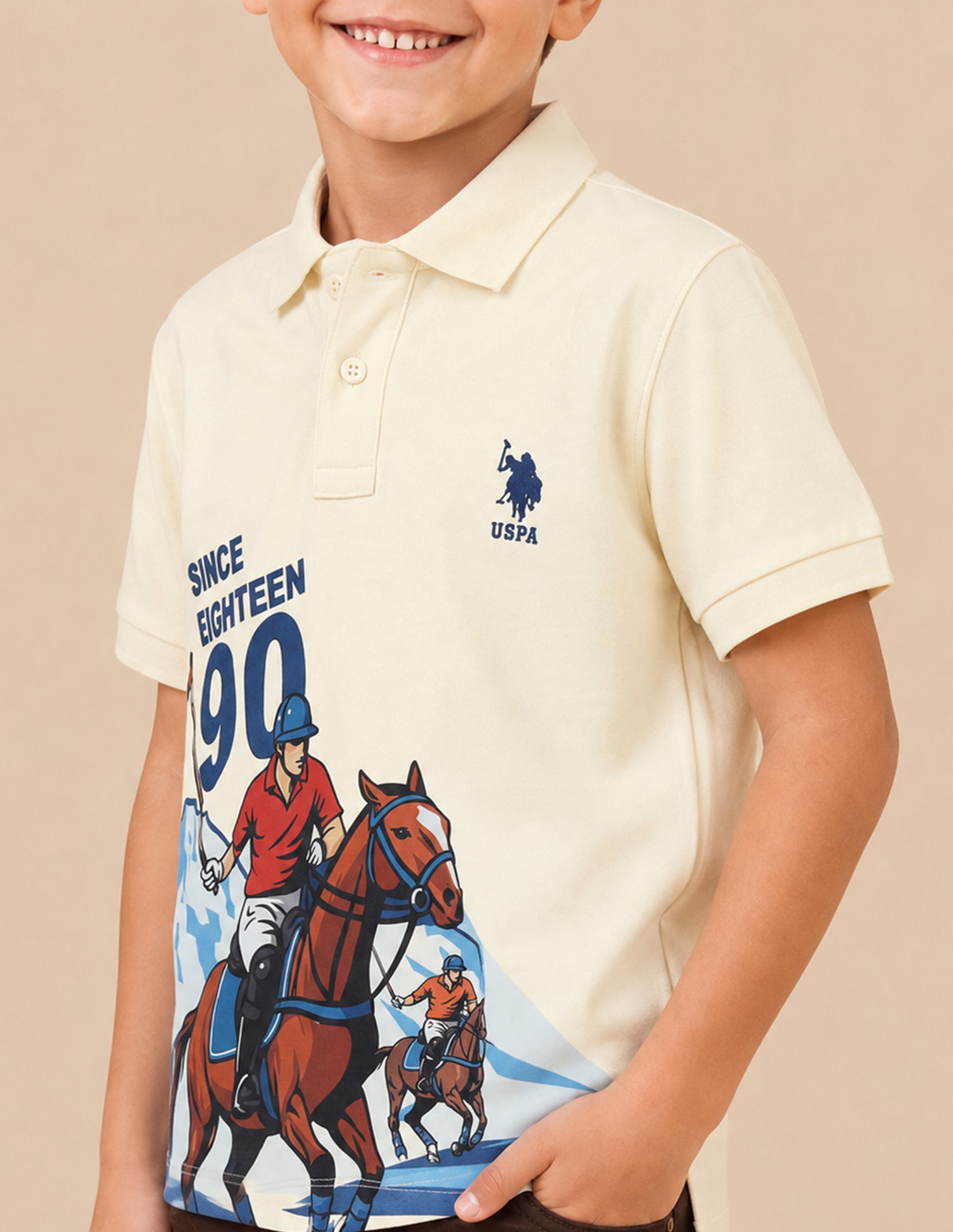 Graphic Brand Printed Regular Fit Polo Shirt Off White - U.S. Polo Assn. India | Large