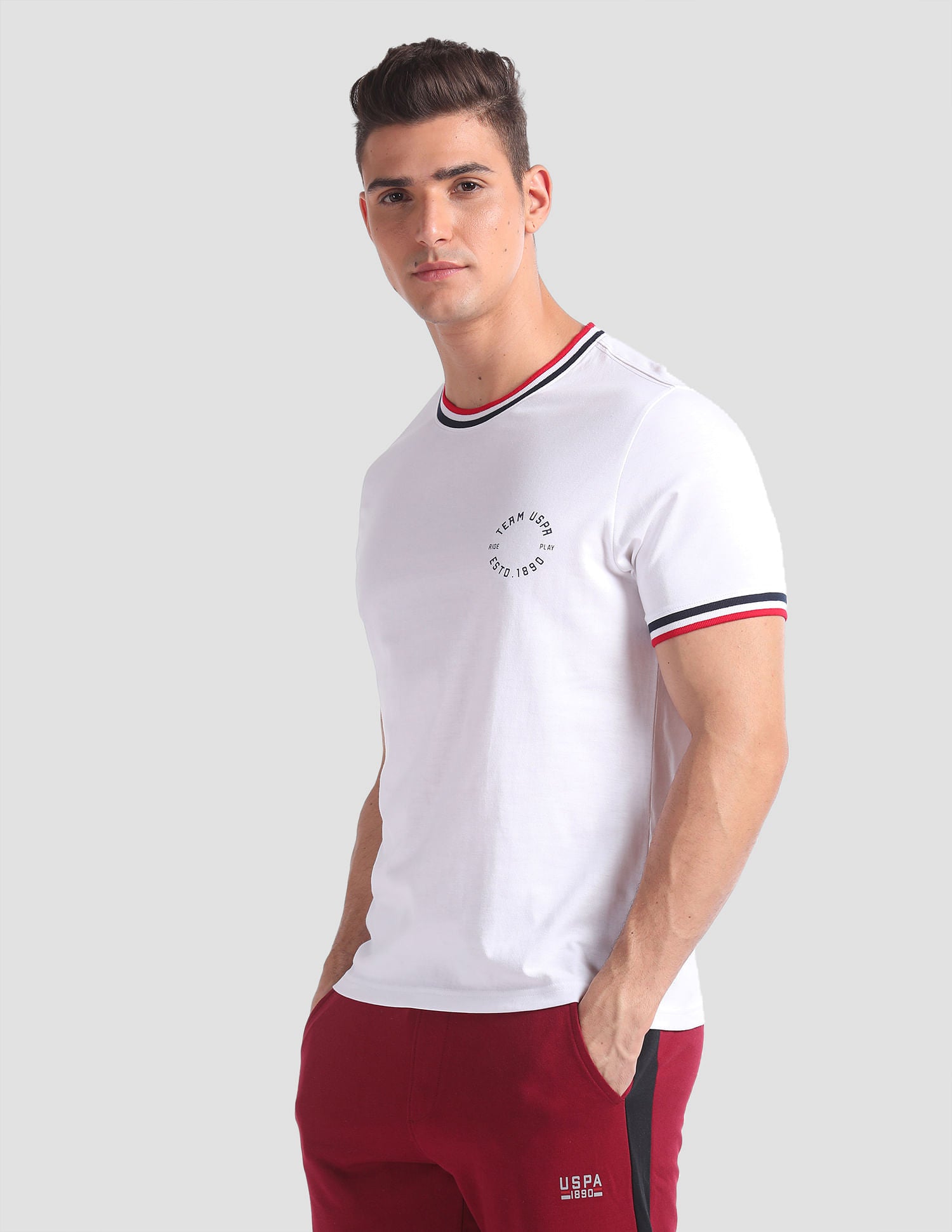 Striped Neck Cotton OEE01 Lounge T-Shirt - Pack Of 2 White and Navy - U.S. POLO ASSN. | Large