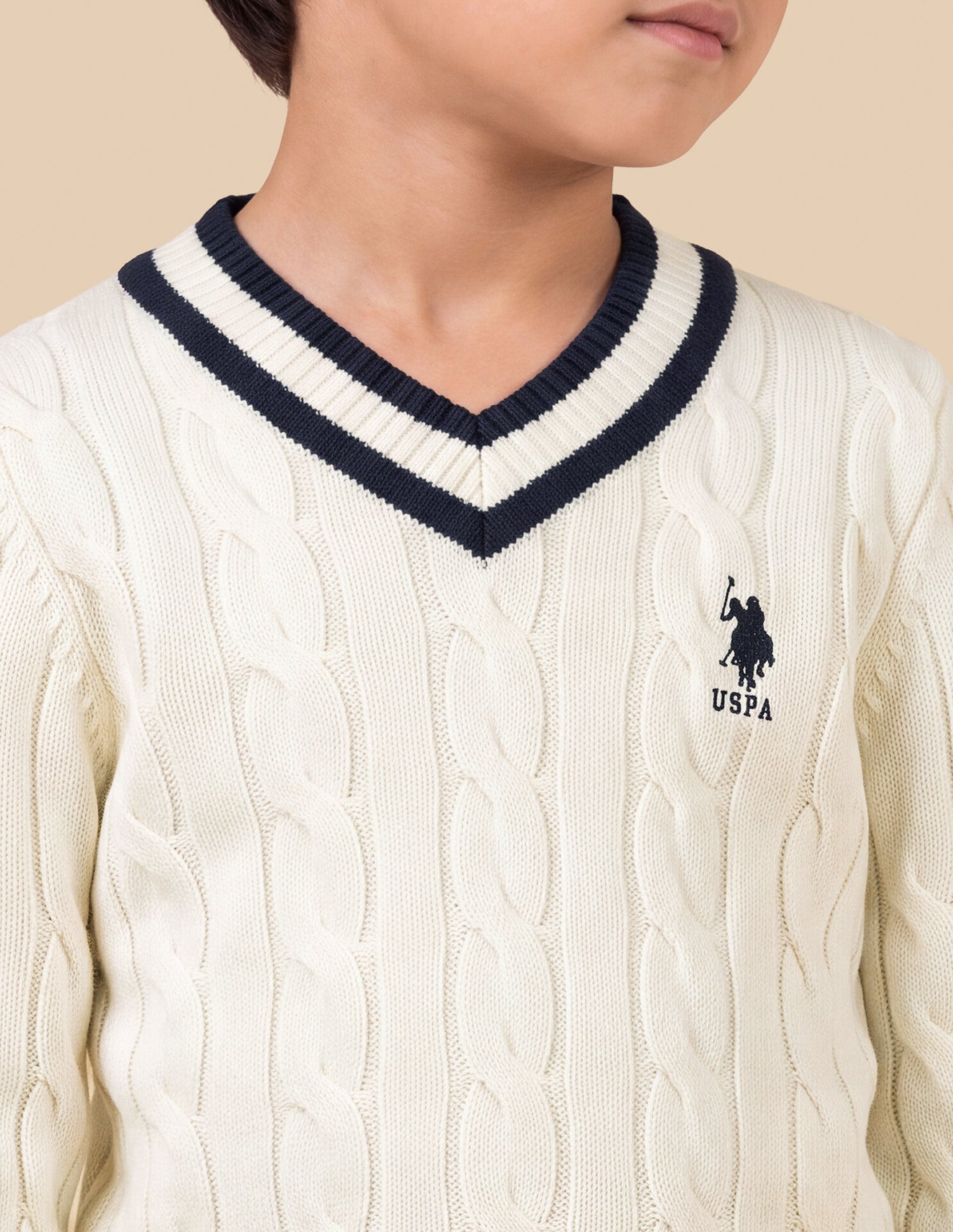 Cable Patterned Knit Regular Fit Sweater Off White - U.S. Polo Assn. India | Large