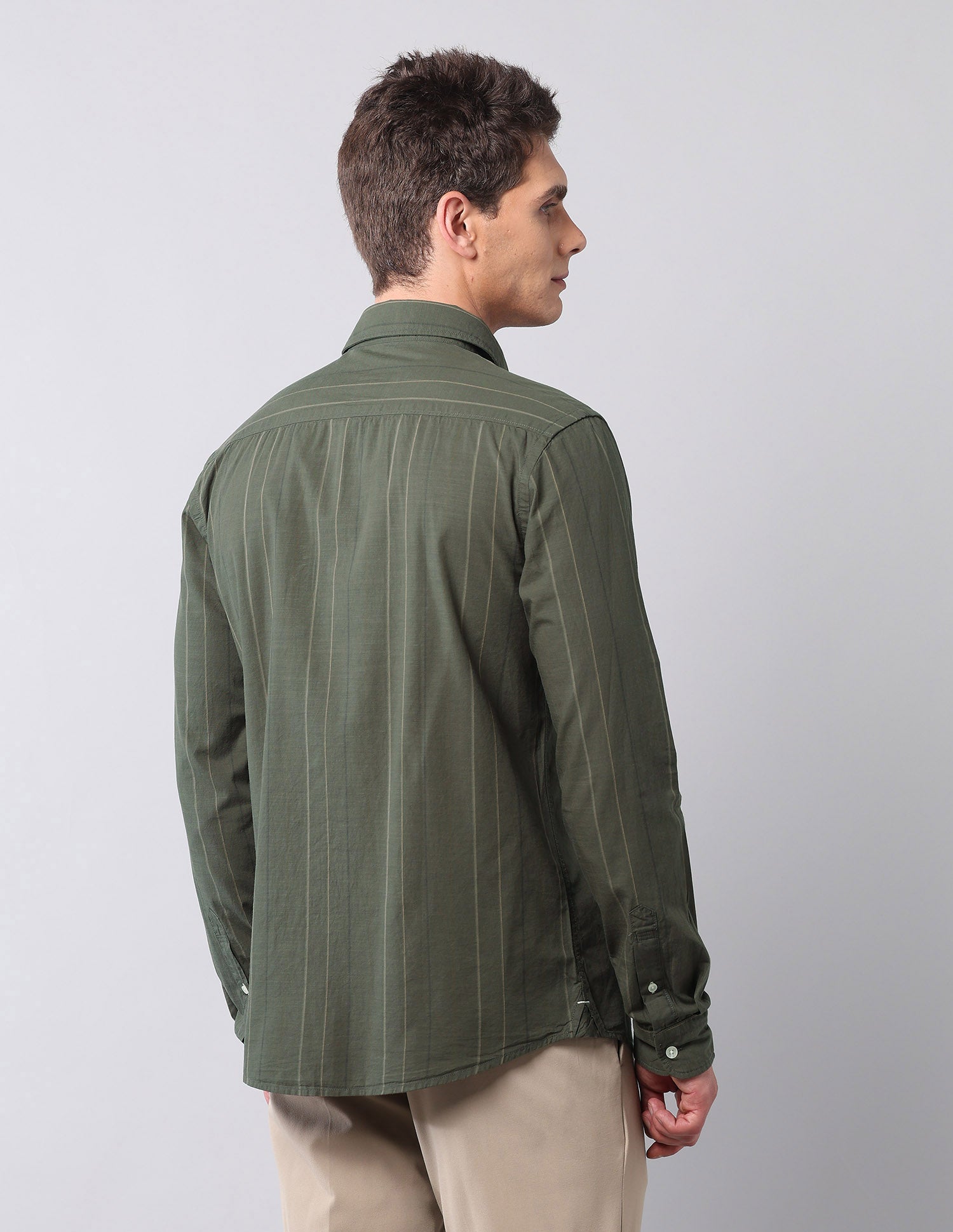 Vertical Striped Pure Cotton Shirt Olive - U.S. Polo Assn. India | Large