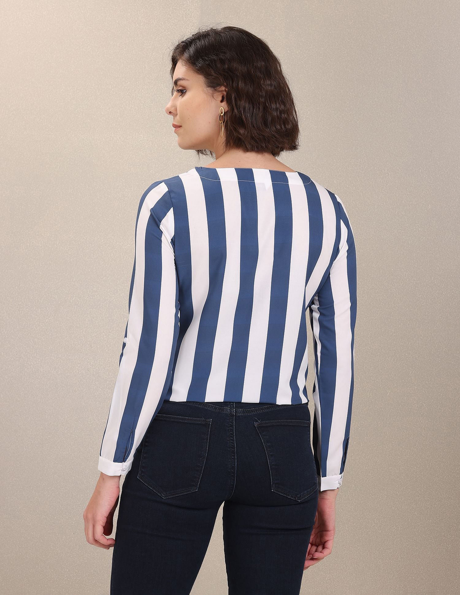 Notched Neck Vertical Striped Evening Top White and Blue - U.S. POLO ASSN. | Large