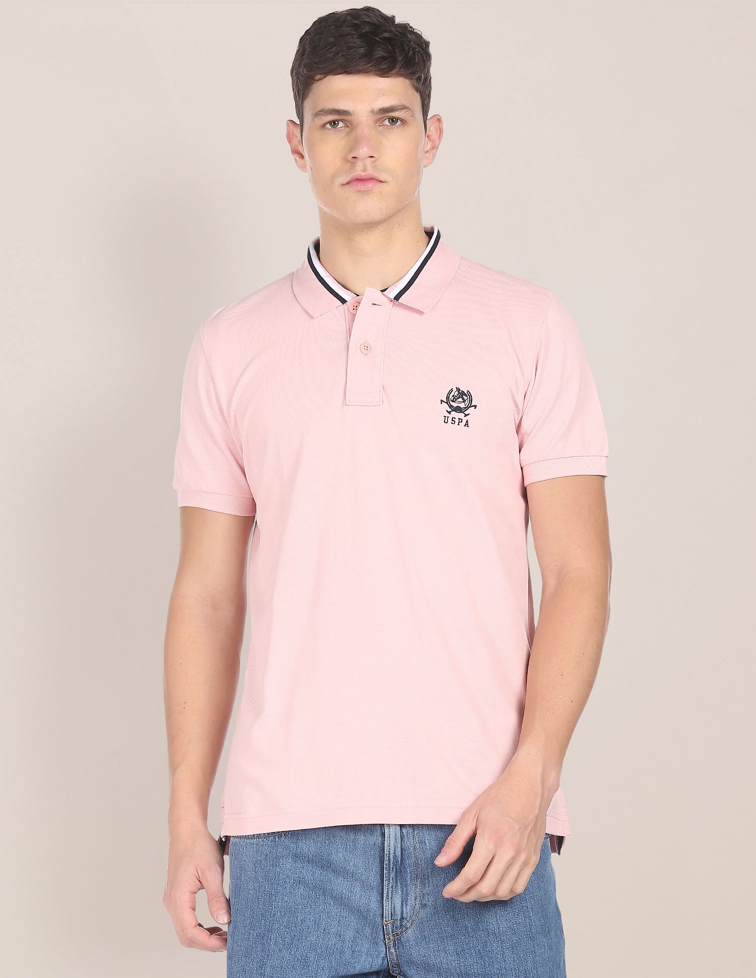 Men Pink Cotton Solid Polo Shirt Pink - U.S. POLO ASSN. | Large