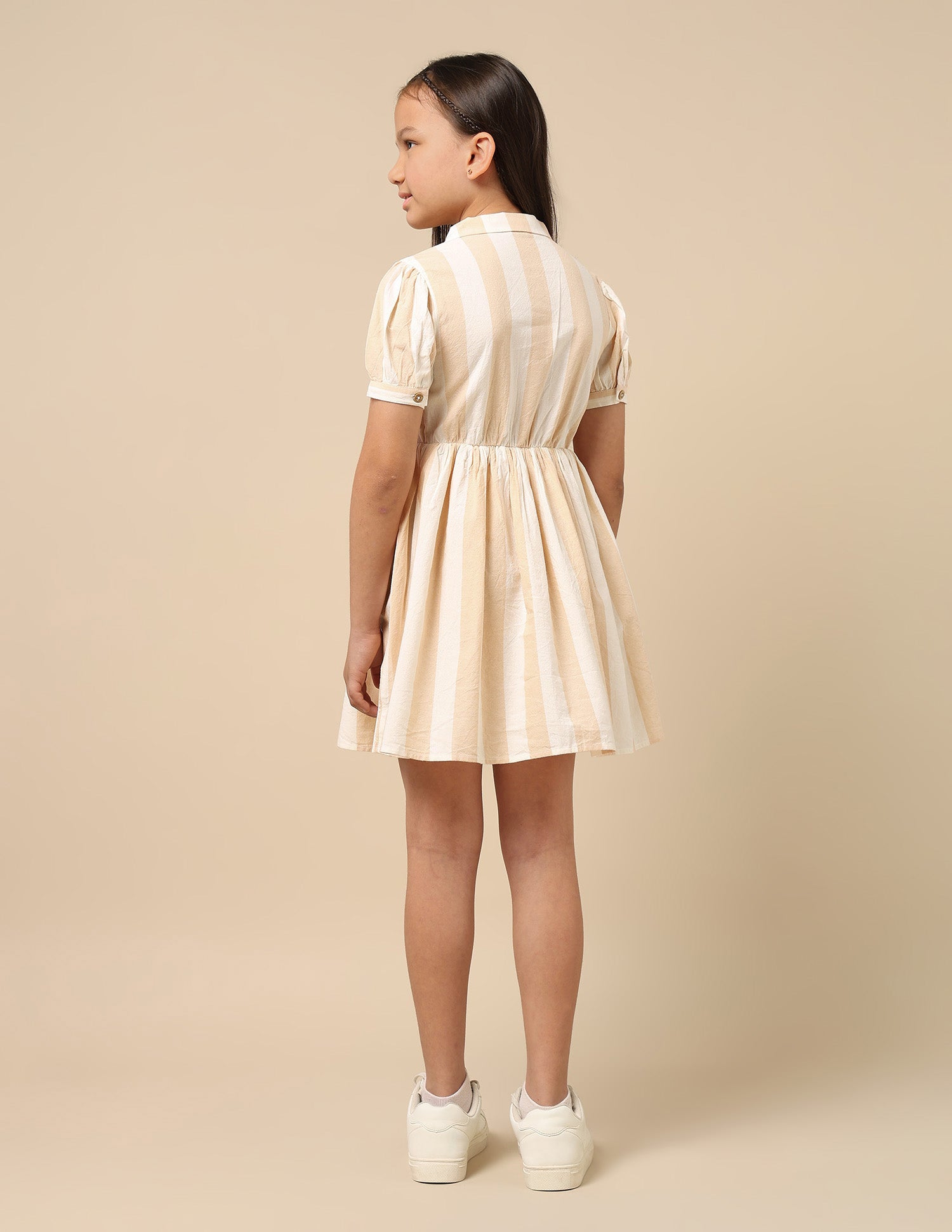 Girls Peter Pan Collar Shirt Dress Beige and Off White - U.S. Polo Assn. India | Large