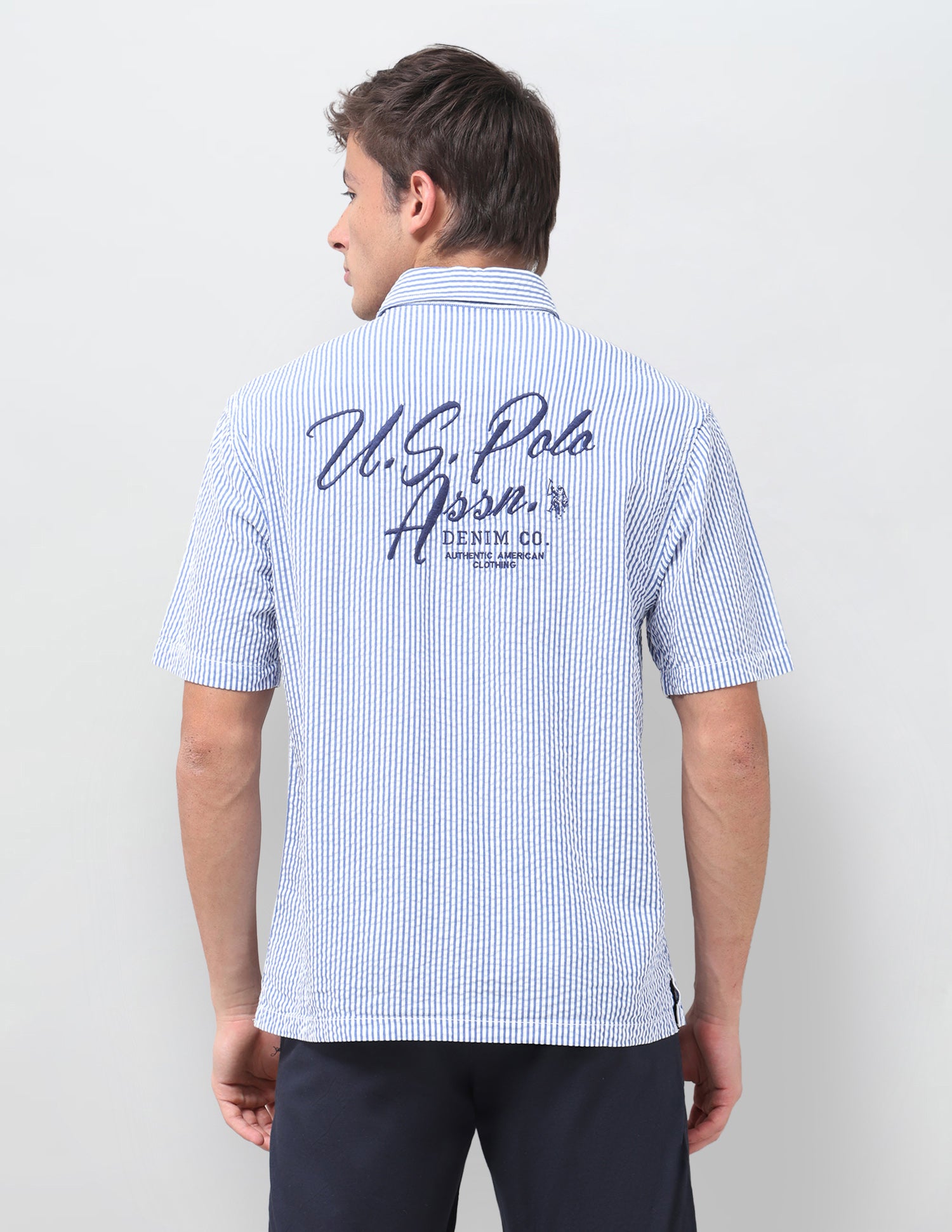 Brand Embroidered Seersucker Shirt Blue - U.S. Polo Assn. India | Large