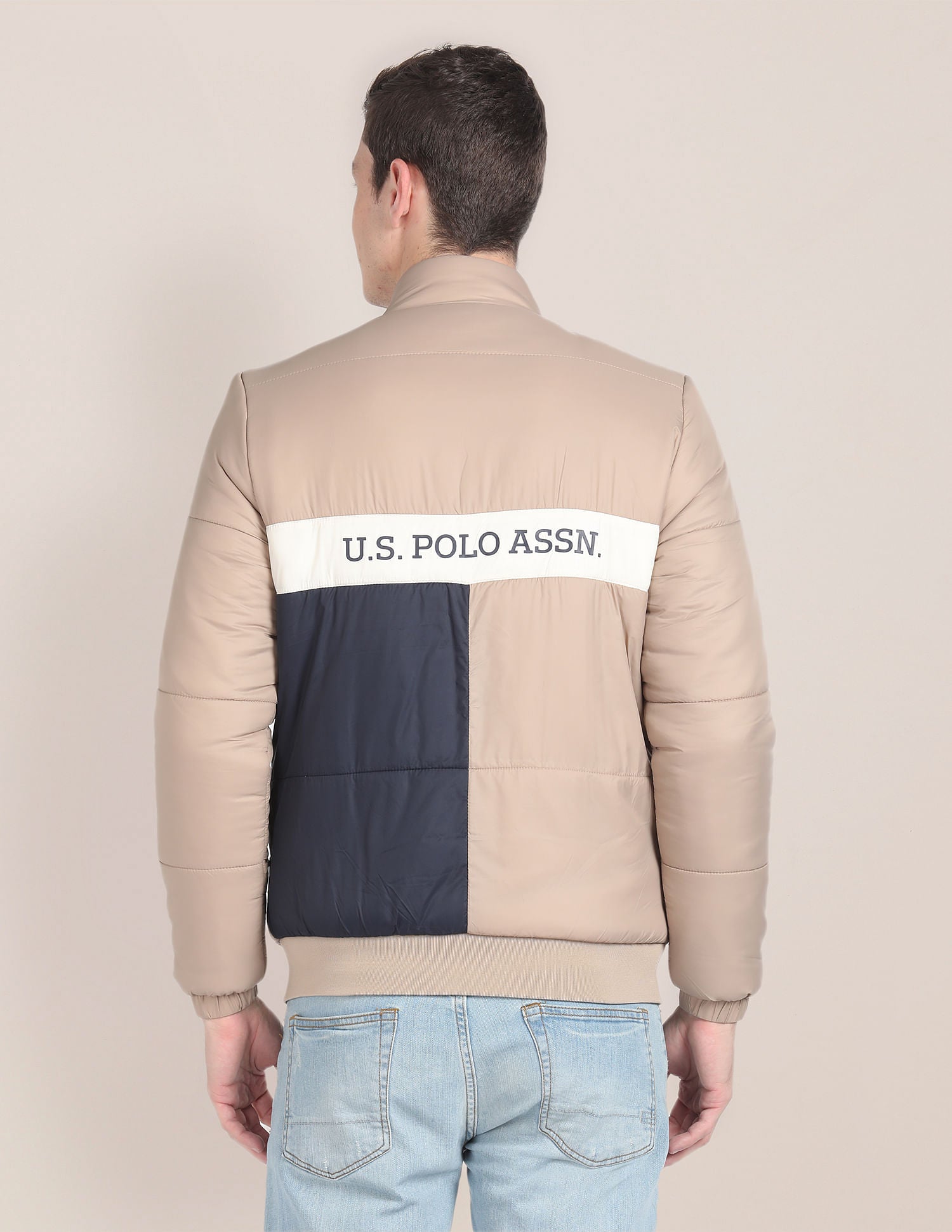 High Neck Colour Block Jacket Beige - U.S. Polo Assn. India | Large