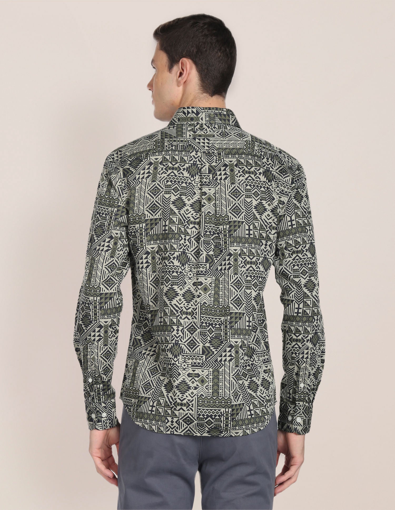 Spread Collar Geometric Print Shirt Olive - U.S. Polo Assn. India | Large
