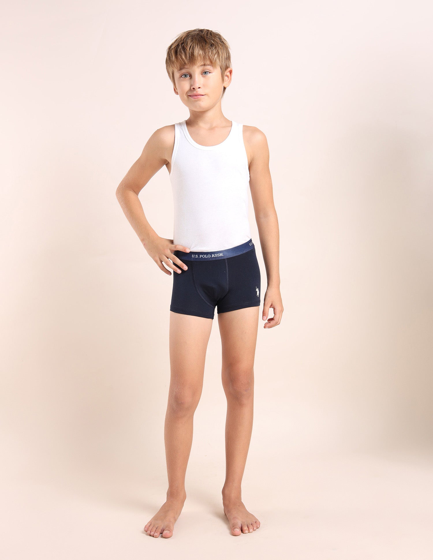 Boys Mid Rise Cotton Spandex Trunks - Pack Of 3 Navy, Green and Navy - U.S. POLO ASSN. | Large