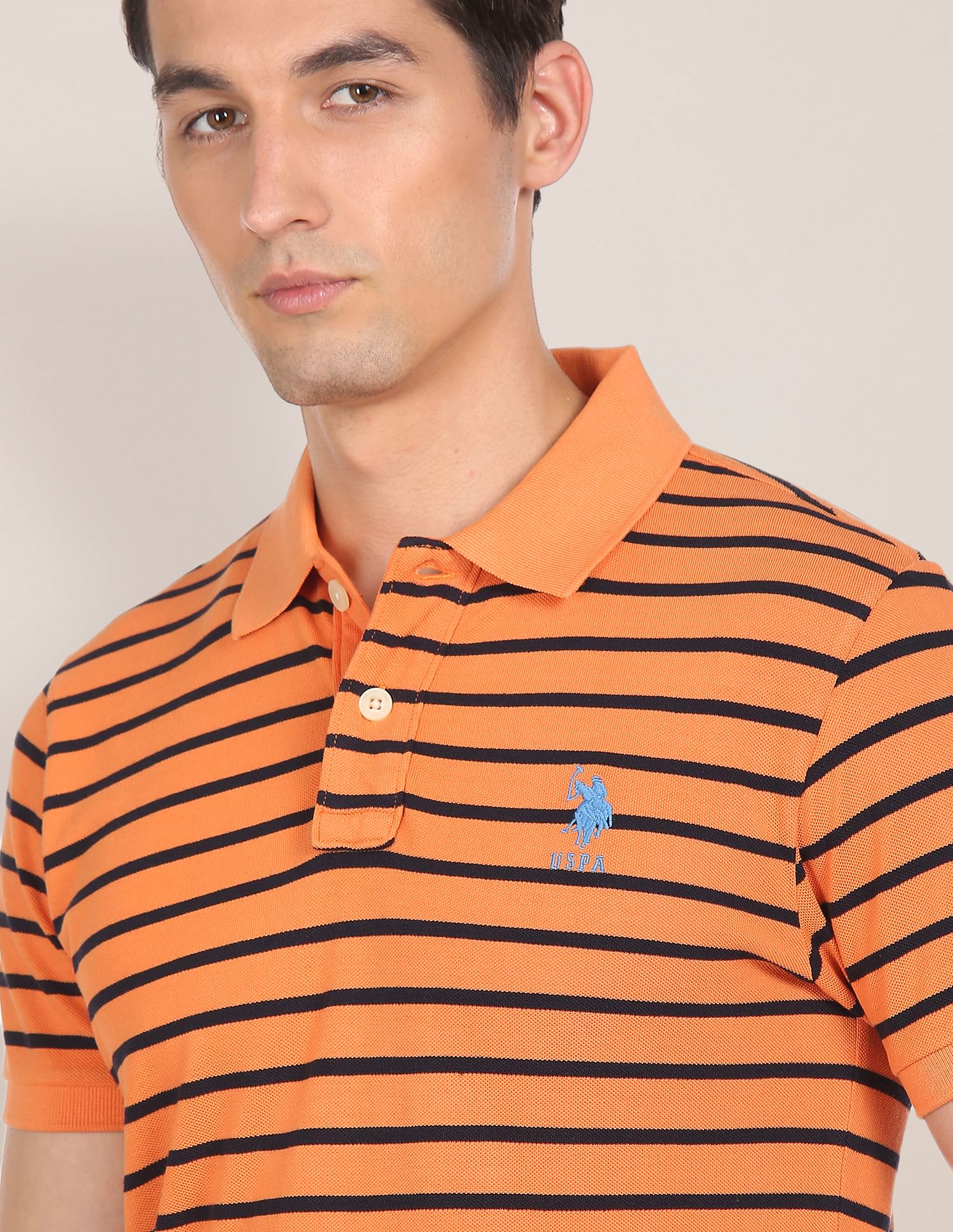 Ribbed Collar Horizontal Stripe Polo Shirt Orange - U.S. Polo Assn. India | Large