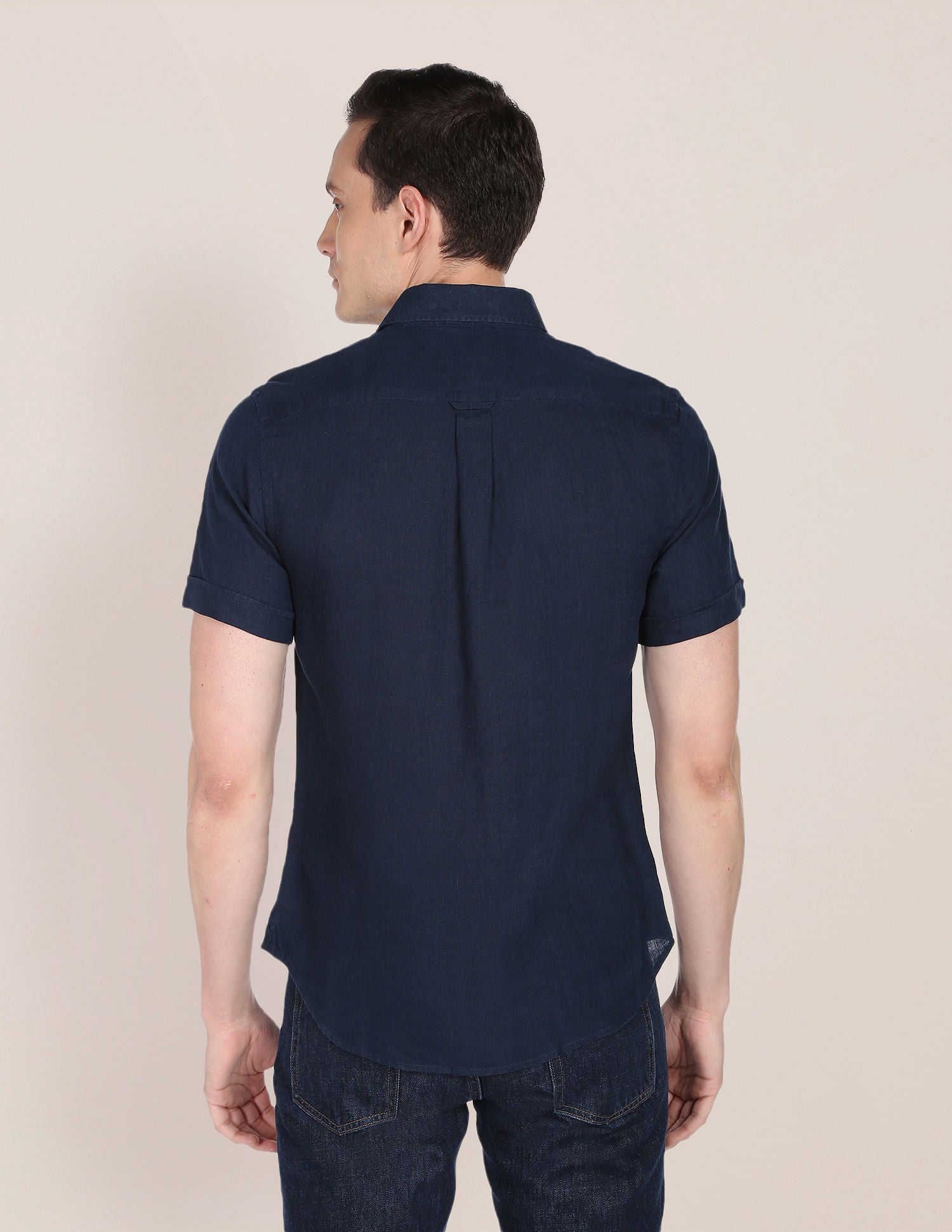 Short Sleeve Solid Linen Casual Shirt Navy - U.S. Polo Assn. India | Large