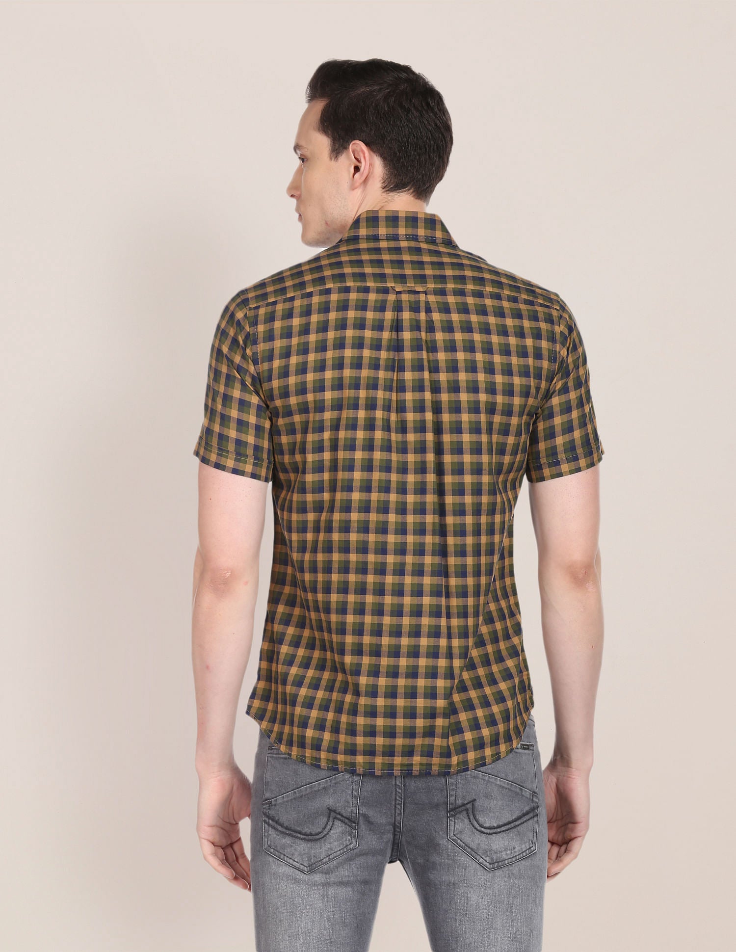 Cutaway Collar Cotton Casual Shirt Green, Brown and Blue - U.S. Polo Assn. India | Large