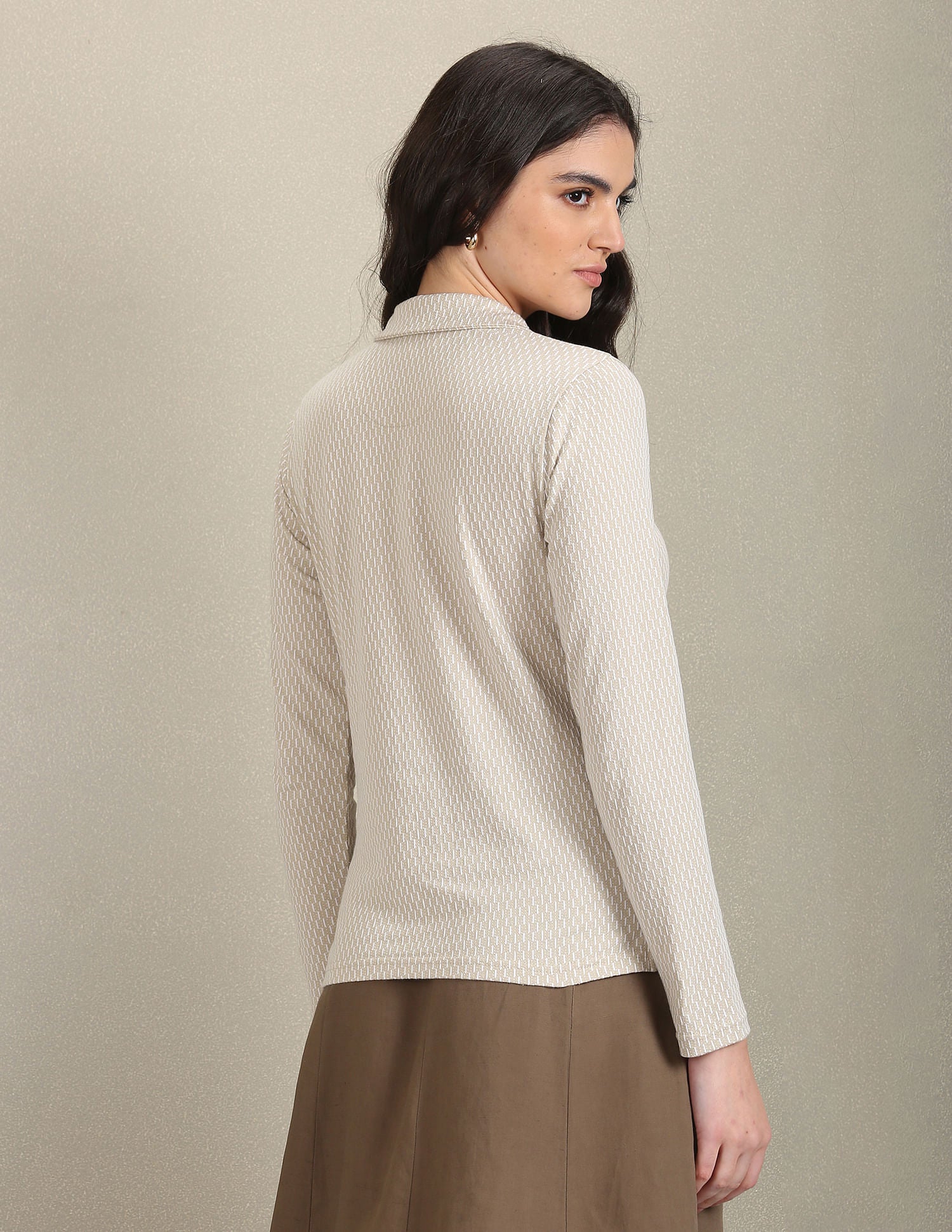 Geometric Print Long Sleeve Polo Shirt Beige - U.S. POLO ASSN. | Large