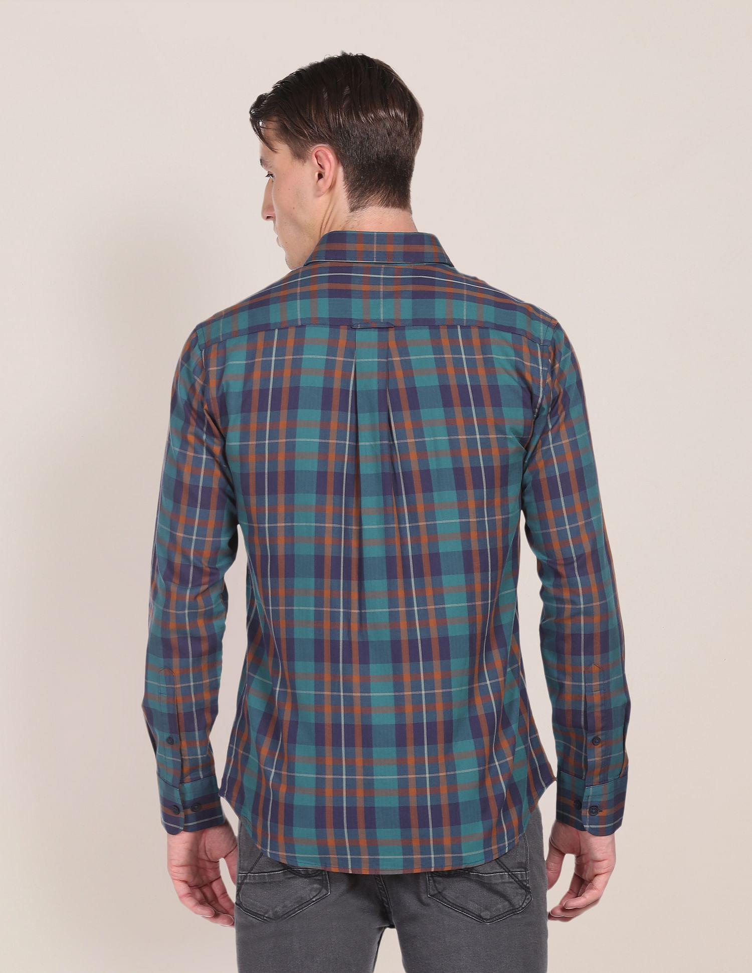 Men Teal Premium Cotton Madras Check Casual Shirt Teal - U.S. Polo Assn. India | Large