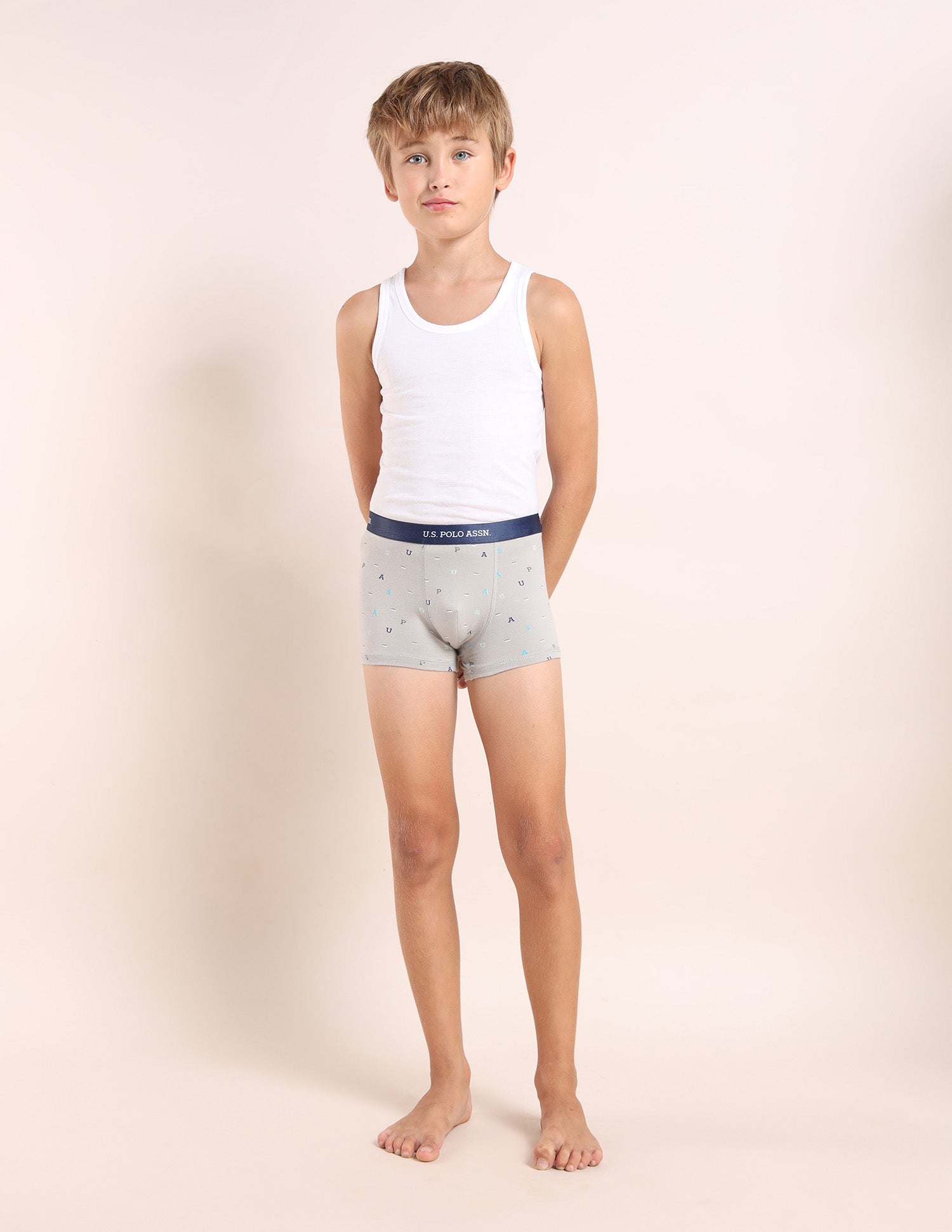 Boys Mid Rise Cotton Spandex Trunks - Pack Of 3 Grey, Blue and Green - U.S. POLO ASSN. | Large