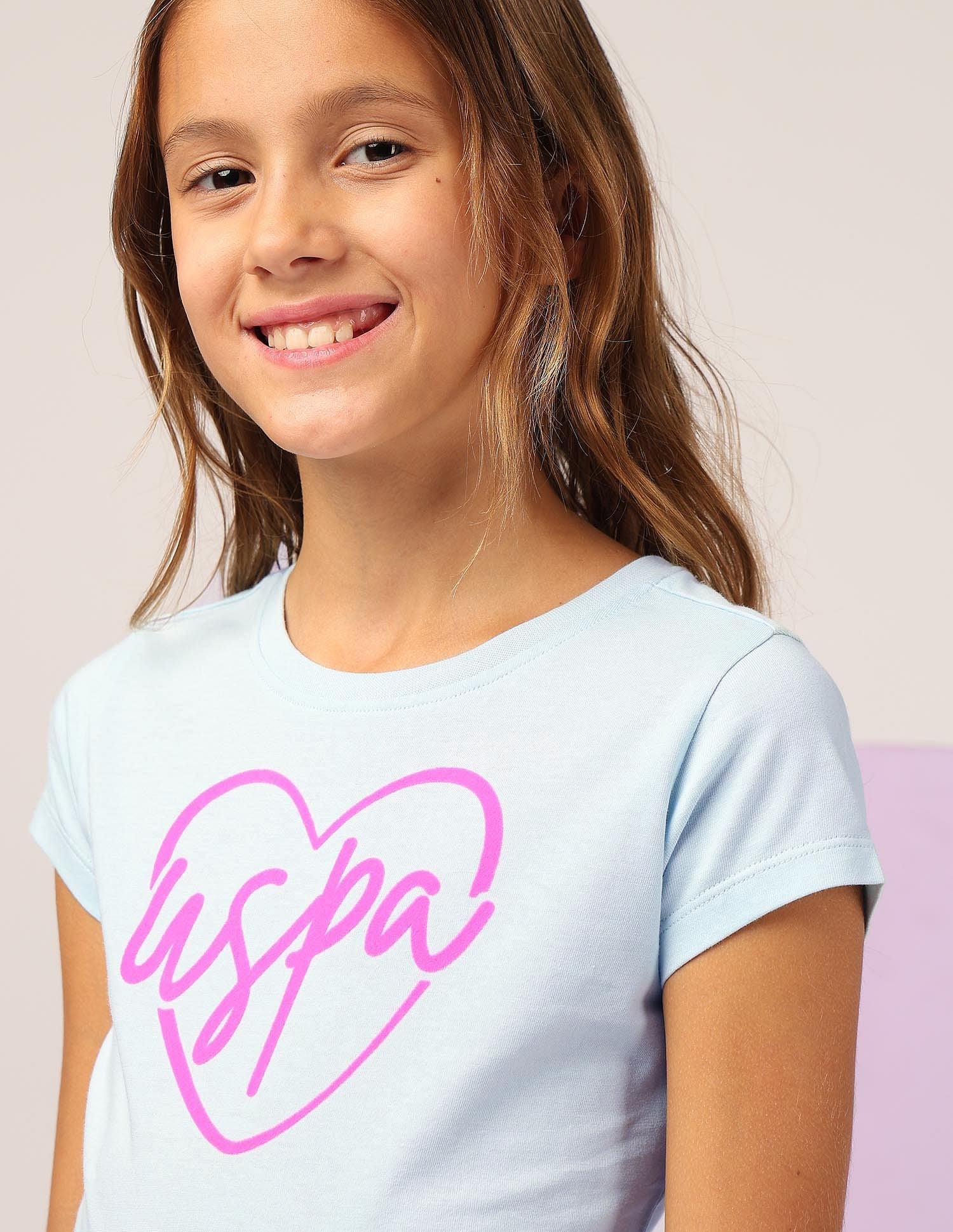 Girls Flock Print Regular Fit T-Shirt Light Blue - U.S. POLO ASSN. | Large