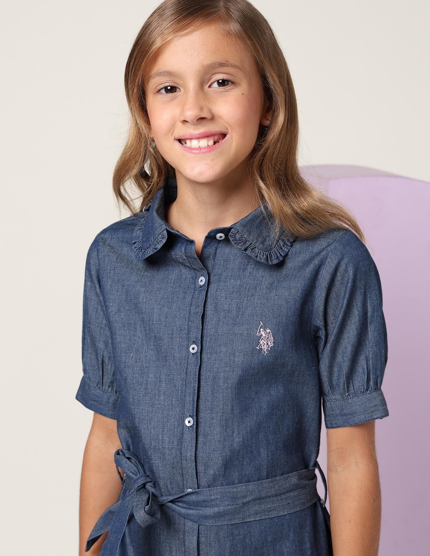 Girls Solid Denim Shirt Dress Navy - U.S. POLO ASSN. | Large
