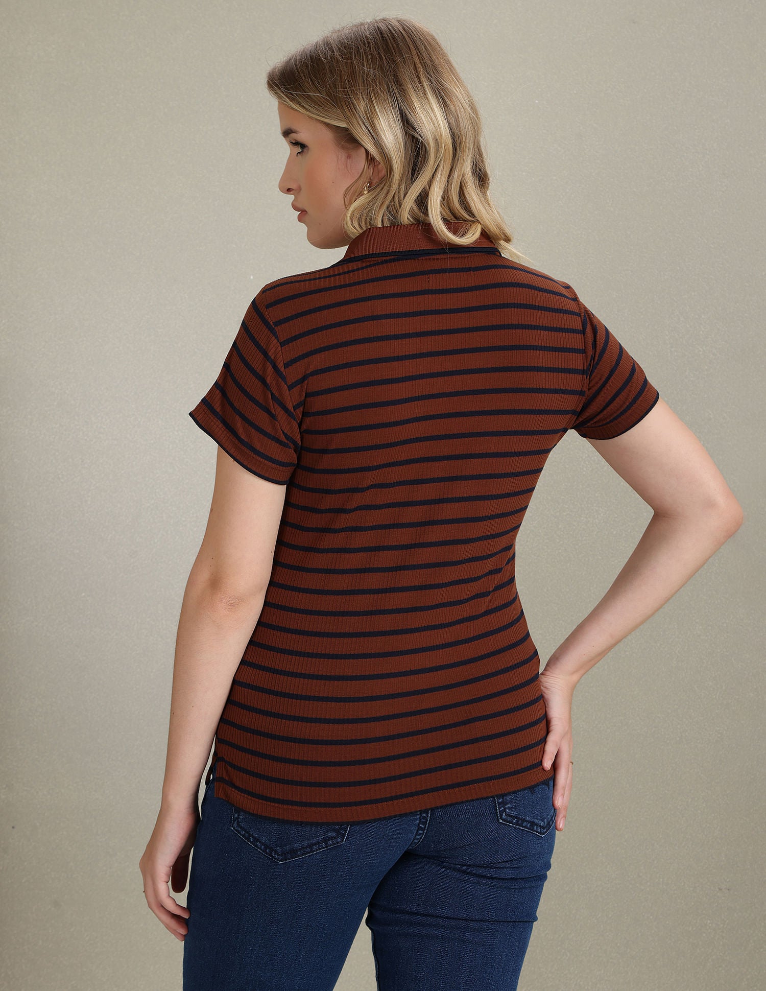 Horizontal Stripe Ribbed Polo Shirt Brown - U.S. POLO ASSN. | Large