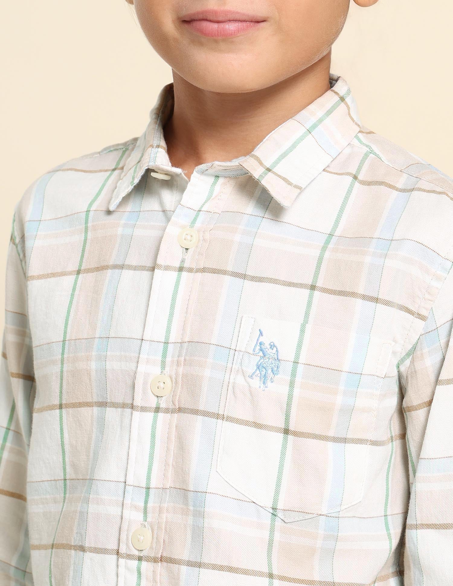 Boys Grid Tattersall Checked Regular Fit Shirt Beige - U.S. POLO ASSN. | Large