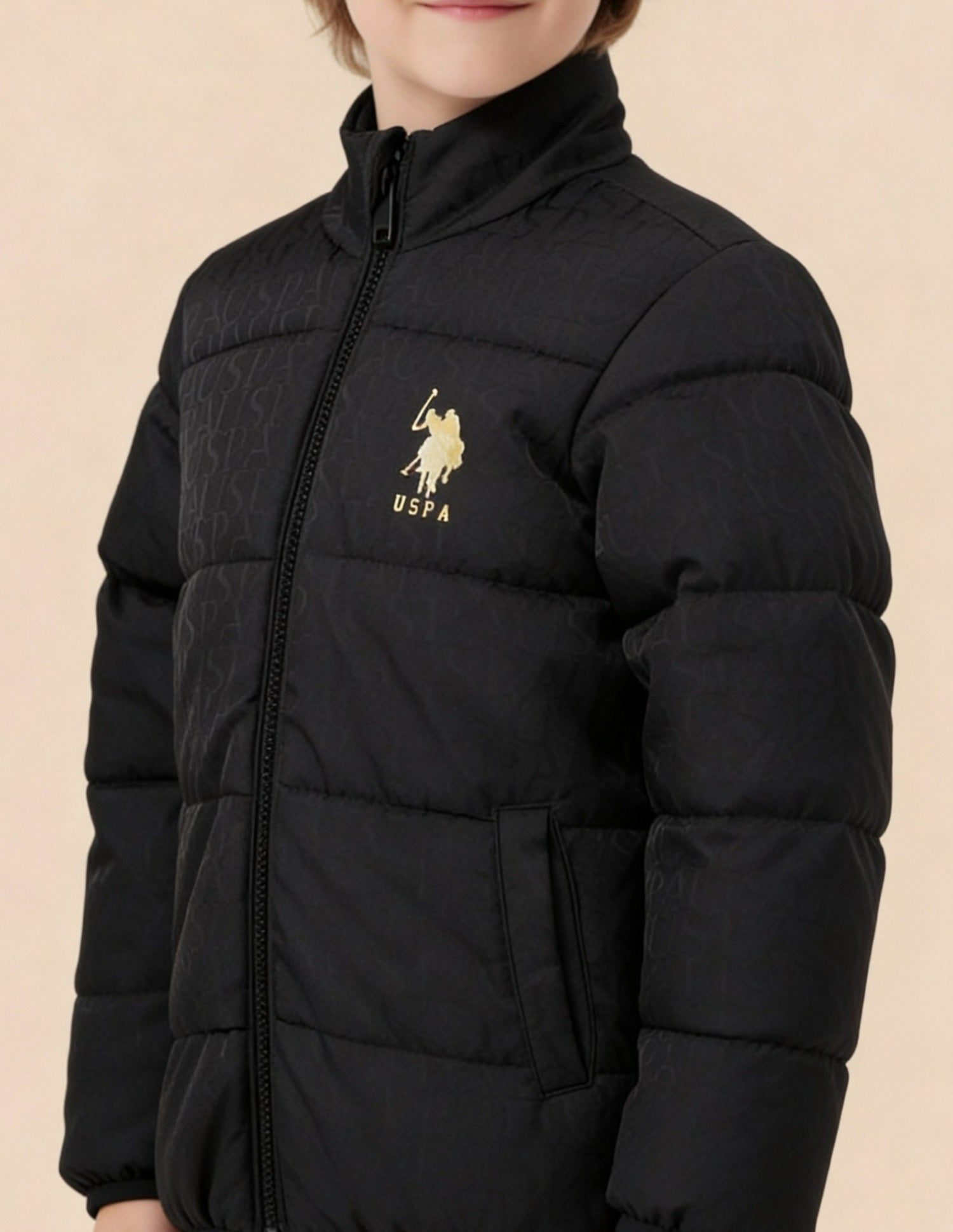 Boys Brand Printed Puffer Jacket Black - U.S. Polo Assn. India | Large