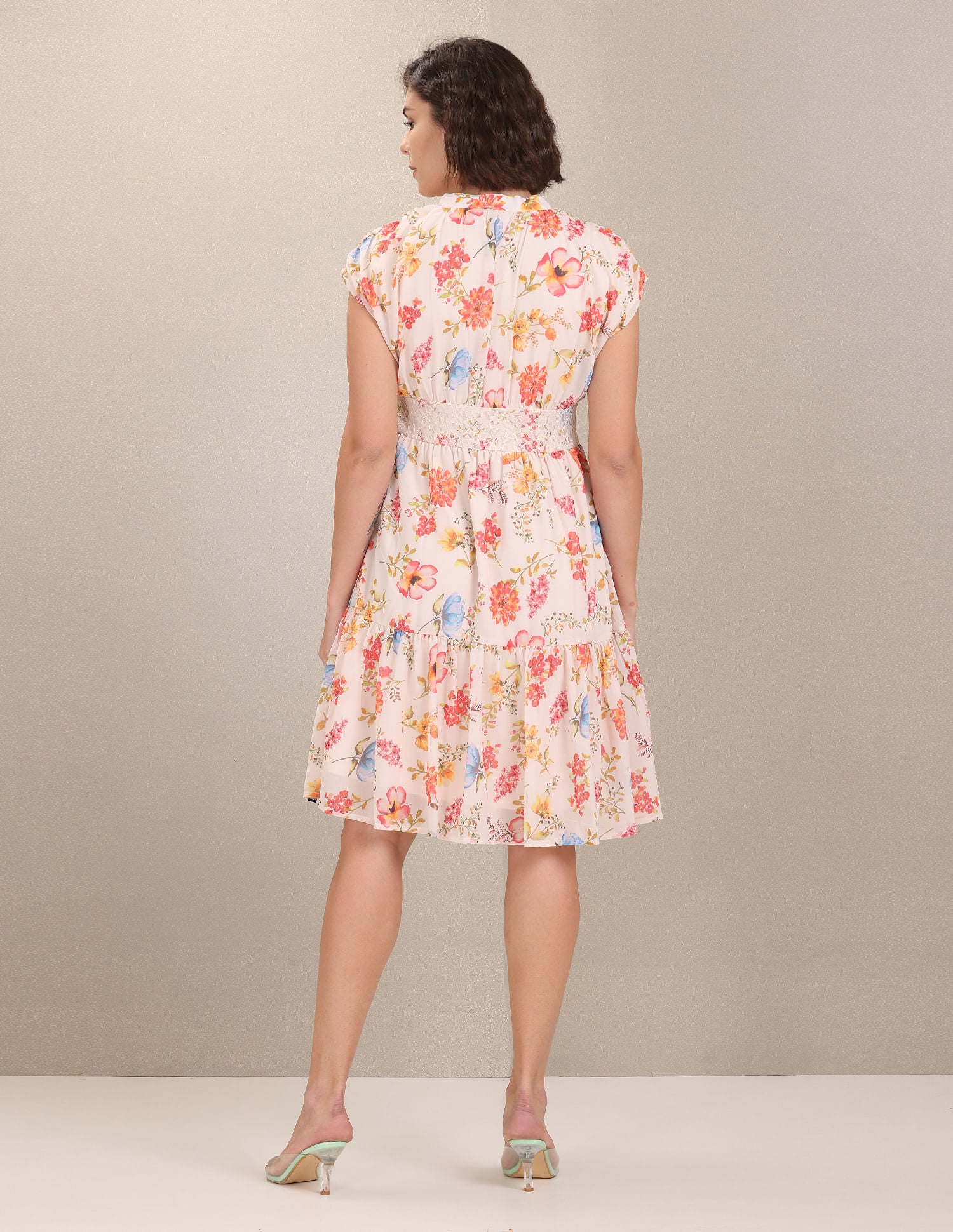 Lace Floral Print Empire Waist Dress Ecru - U.S. POLO ASSN. | Large