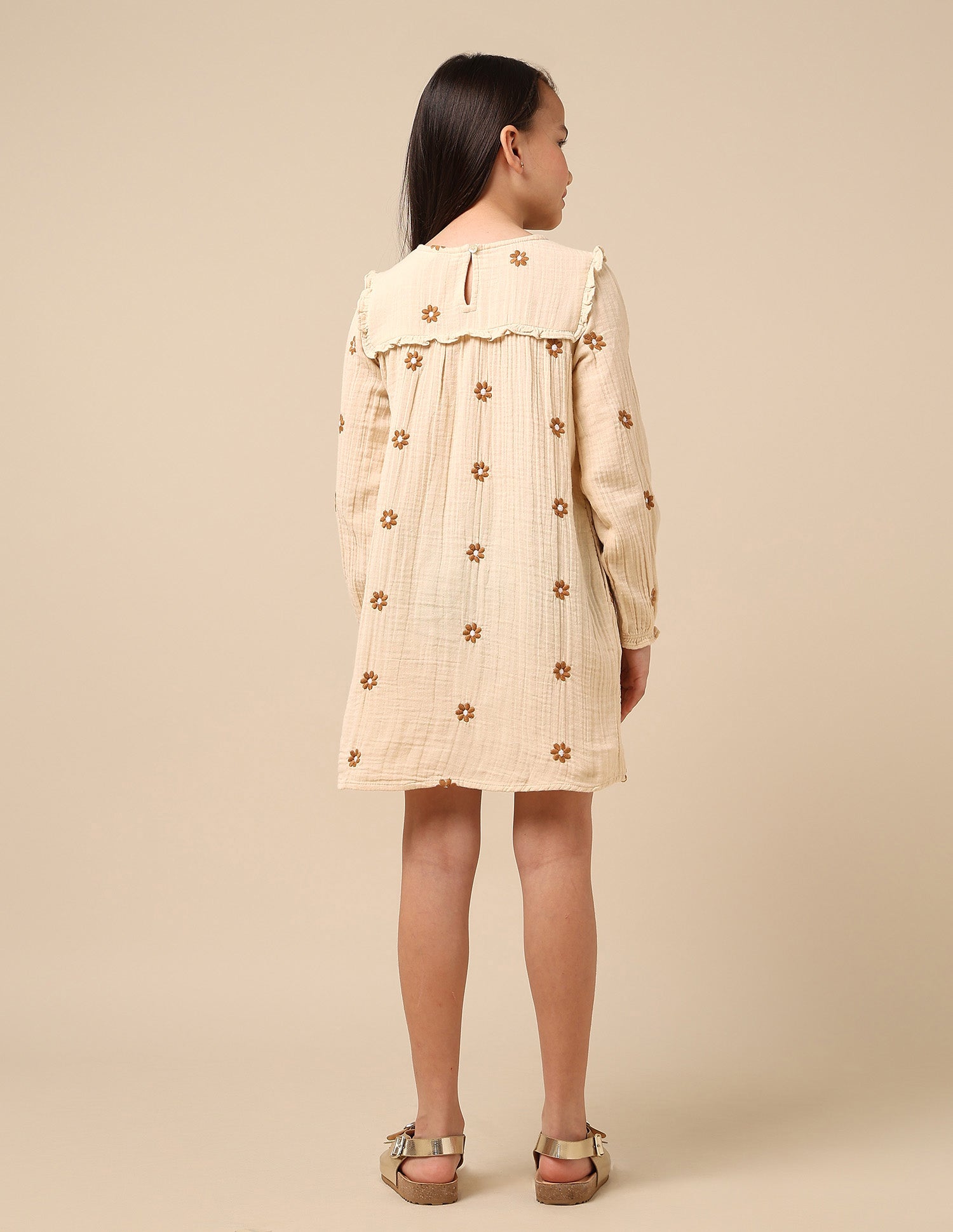 Girls Floral Embroidered A-Line Dress Beige - U.S. POLO ASSN. | Large