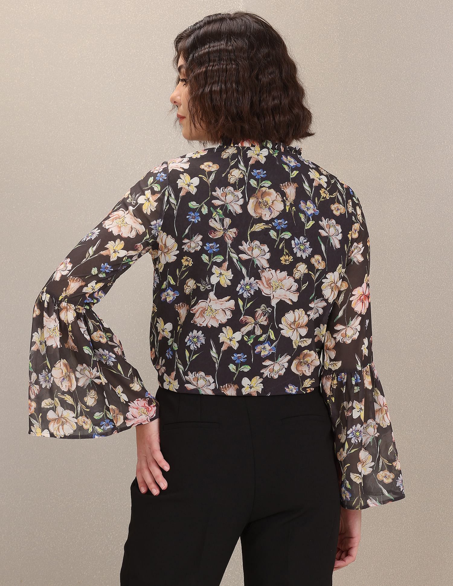 Floral Print Bell Sleeve Top Black - U.S. Polo Assn. India | Large