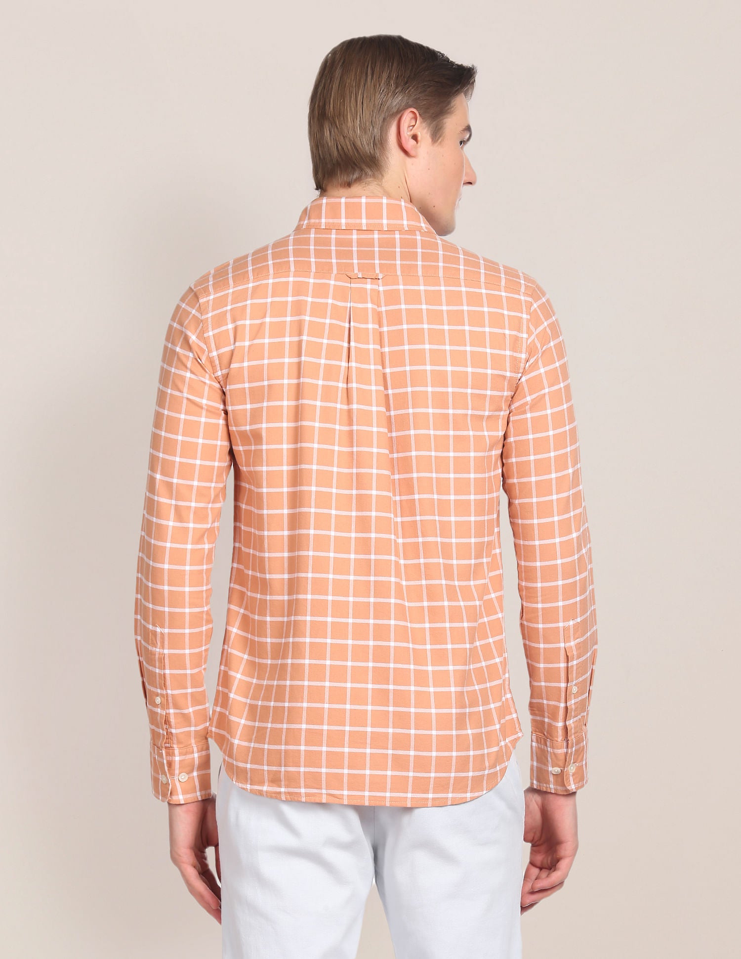 Long Sleeve Windowpane Checks Shirt Peach - U.S. POLO ASSN. | Large
