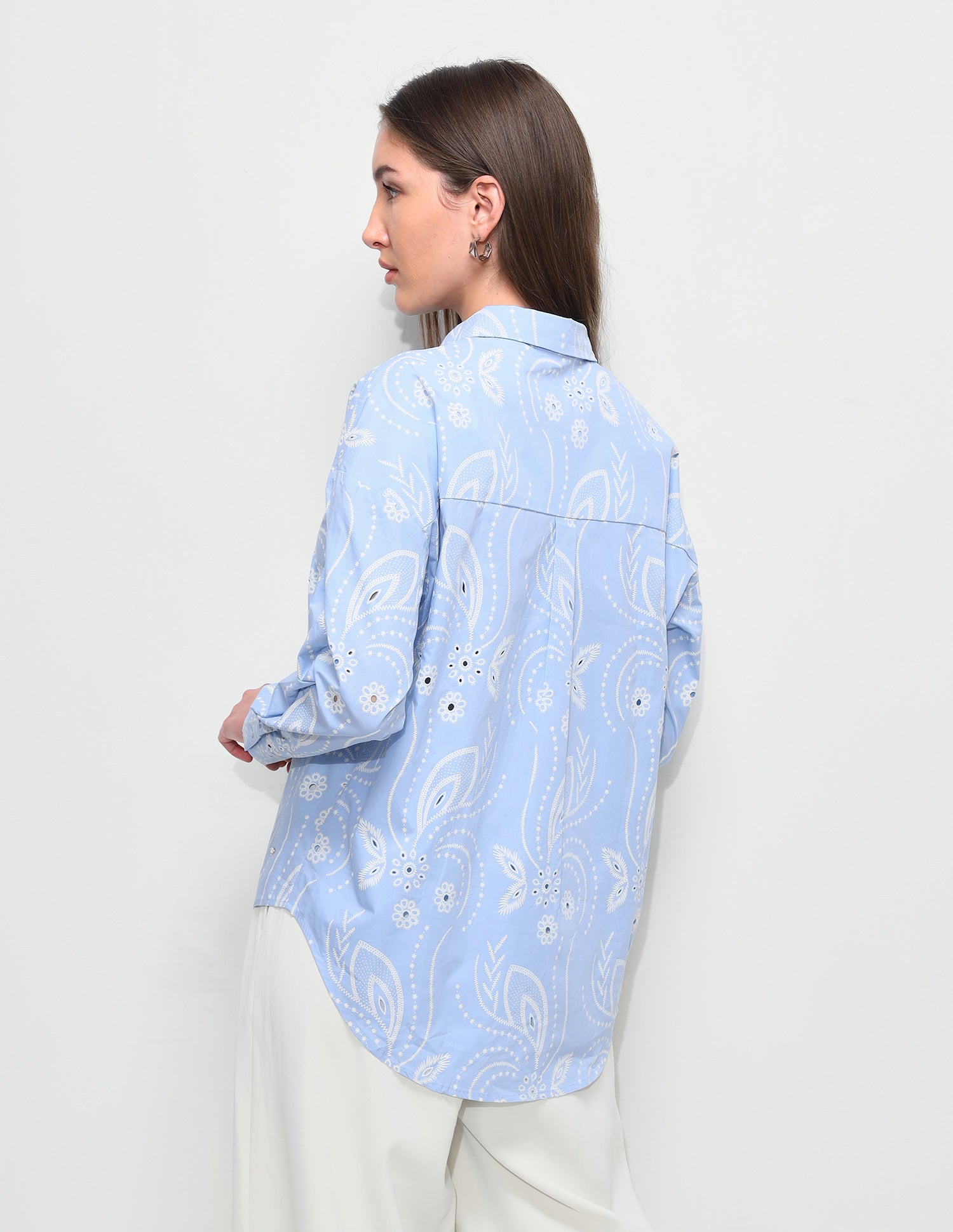 Floral Printed Cut Work Oversized Fit Shirt Light Blue - U.S. Polo Assn. India | Large