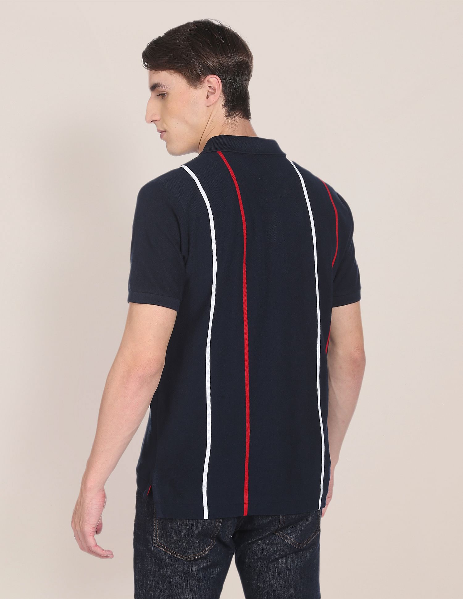 Ribbed Collar Vertical Stripe Polo Shirt Navy - U.S. POLO ASSN. | Large