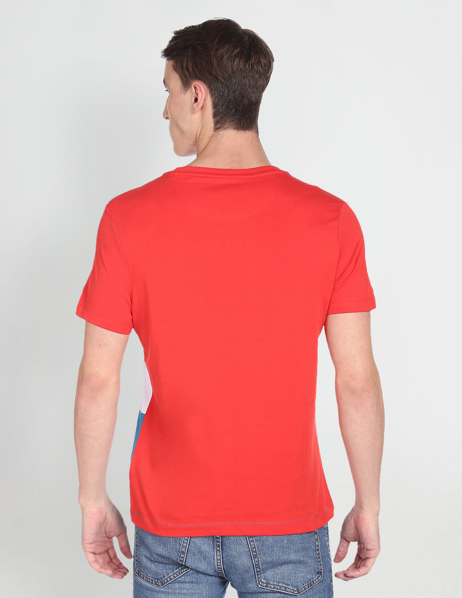 Crew Neck Colour Block Cotton T-Shirt Red, Blue and White - U.S. Polo Assn. India | Large