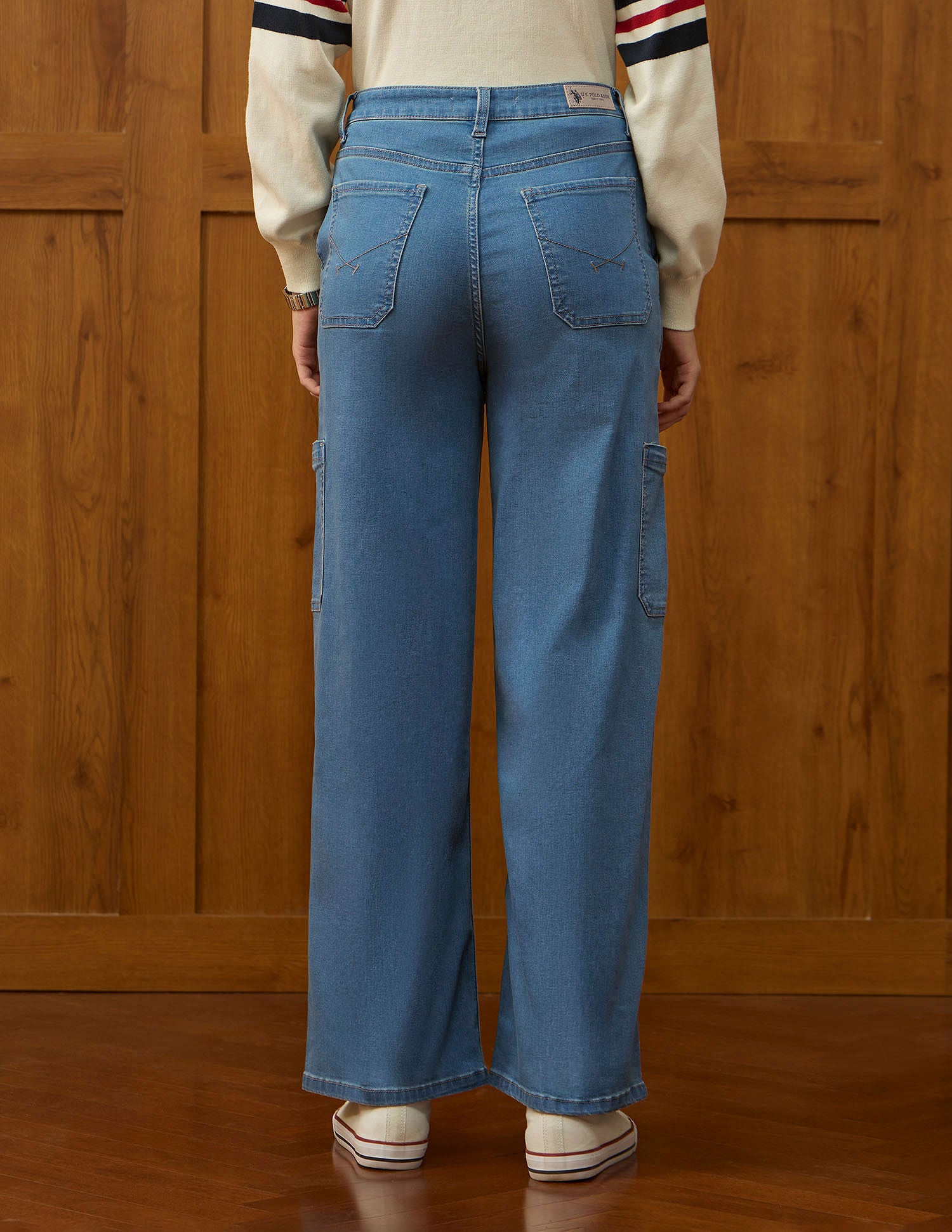 High Rise Wide Leg Cargo Jeans Mid Blue Khaki Tint - U.S. POLO ASSN. | Large