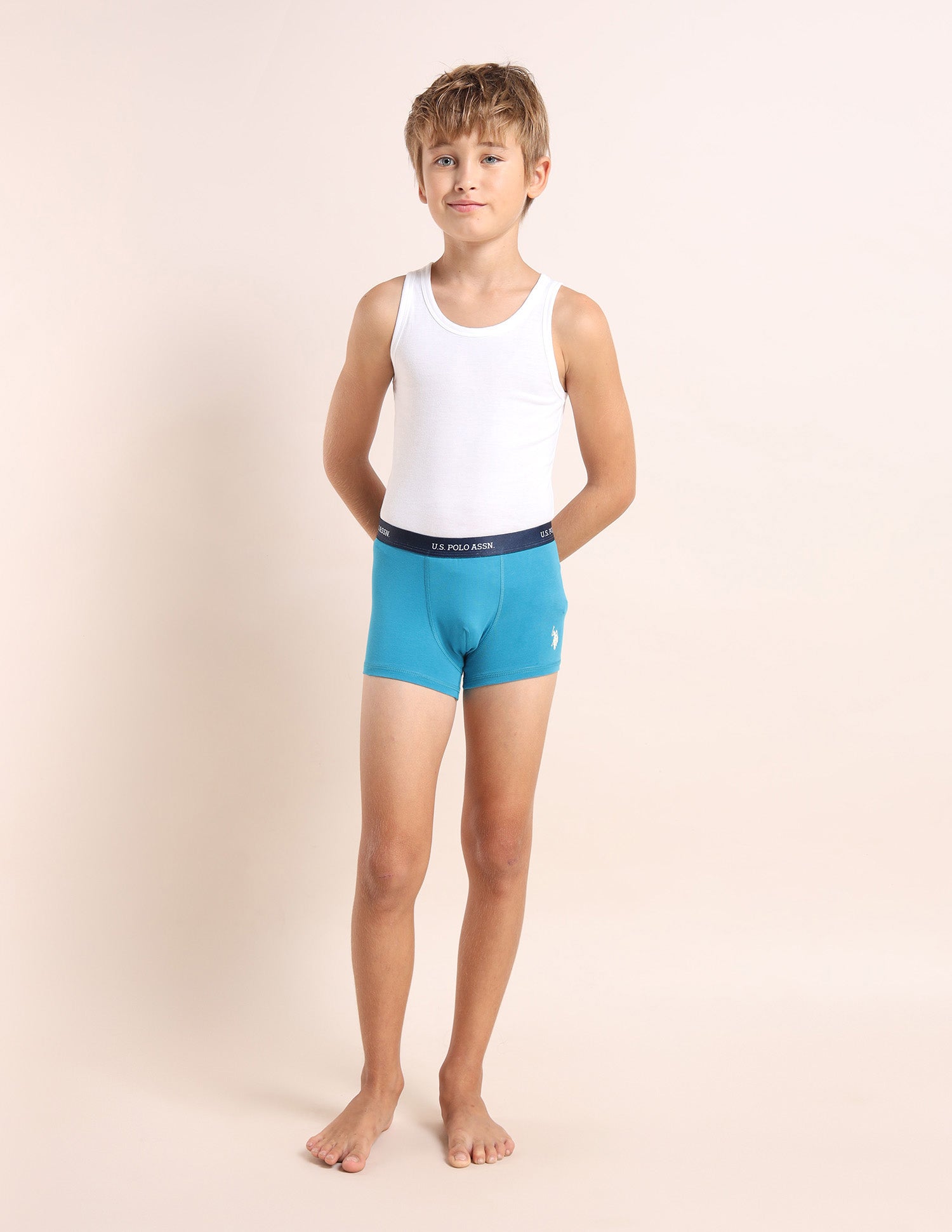 Boys Mid Rise Cotton Spandex Trunks - Pack Of 3 Navy, White and Blue - U.S. POLO ASSN. | Large