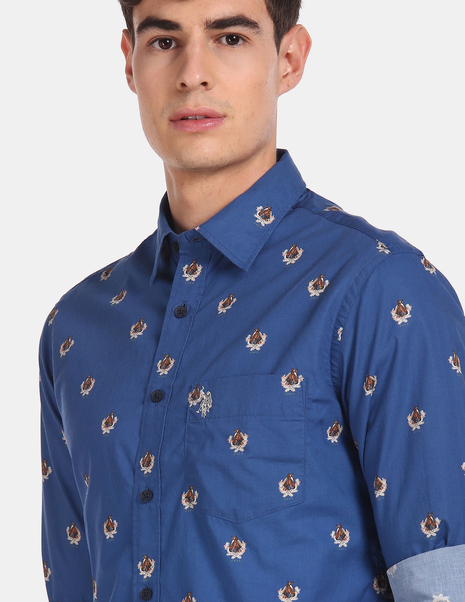 Men Navy Spread Collar Printed Casual Shirt Navy - U.S. POLO ASSN. | Large
