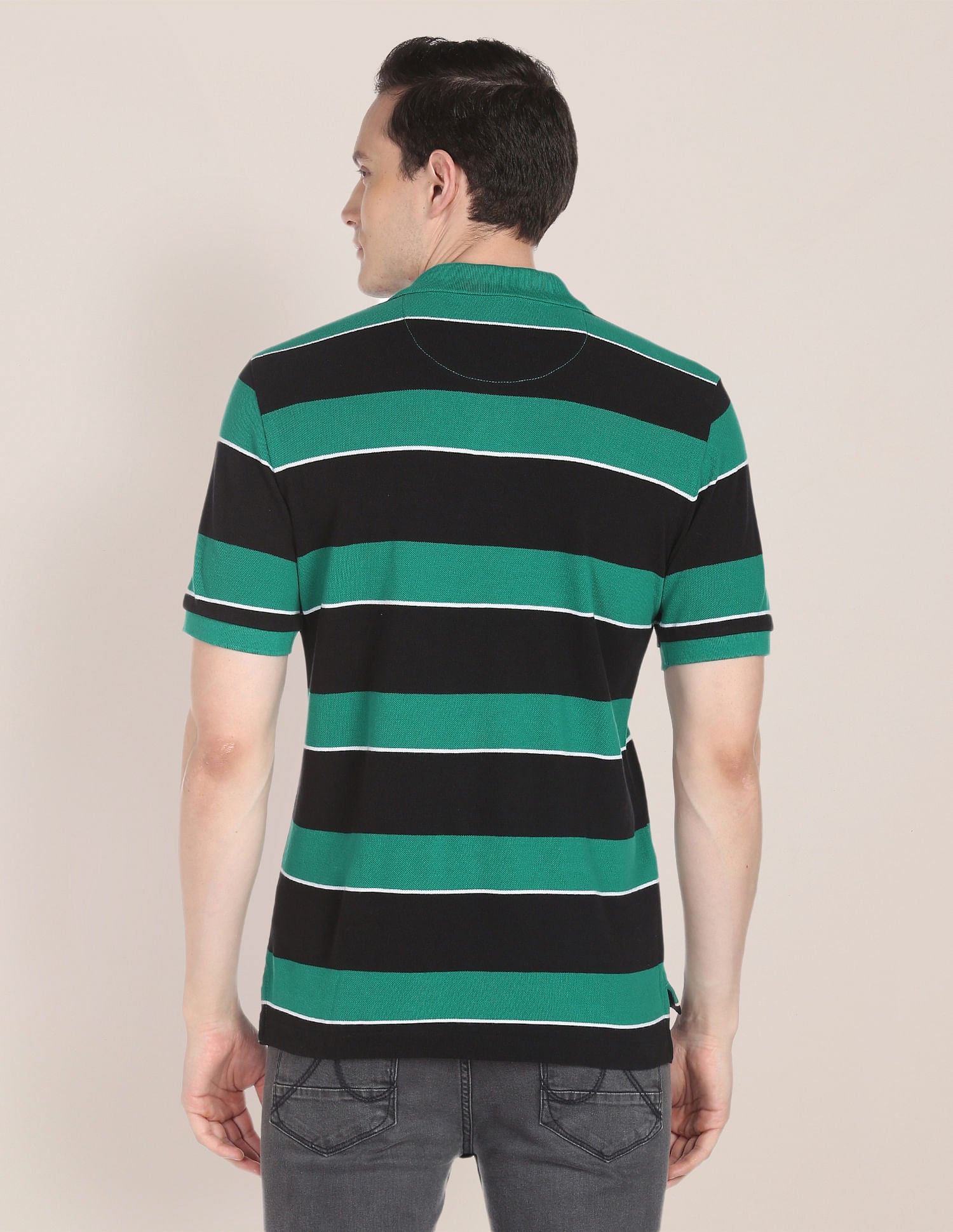 Horizontal Stripe Pique Knit Cotton Polo Shirt Green - U.S. Polo Assn. India | Large