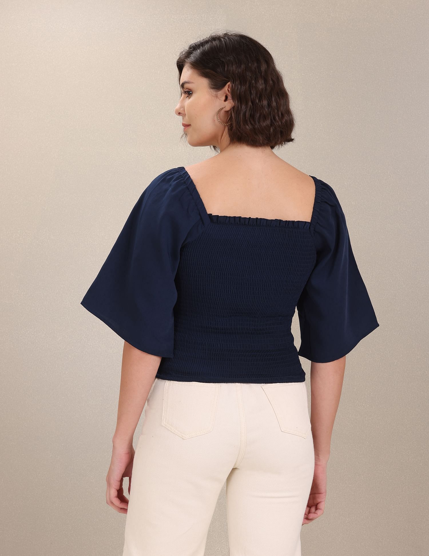 Bell Sleeve Smocked Bodice Solid Top Navy - U.S. Polo Assn. India | Large