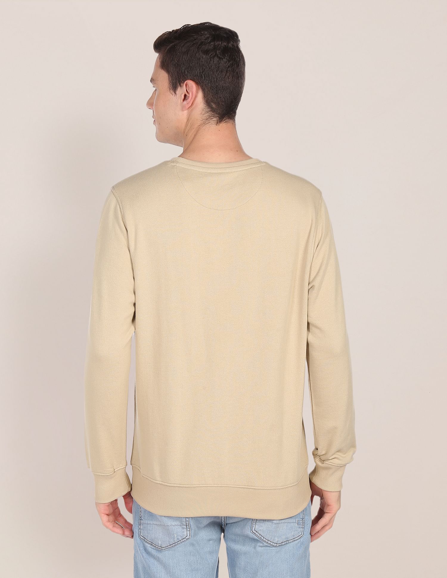 Men Beige Logo Embroidered Crew Neck Sweatshirt Beige - U.S. Polo Assn. India | Large