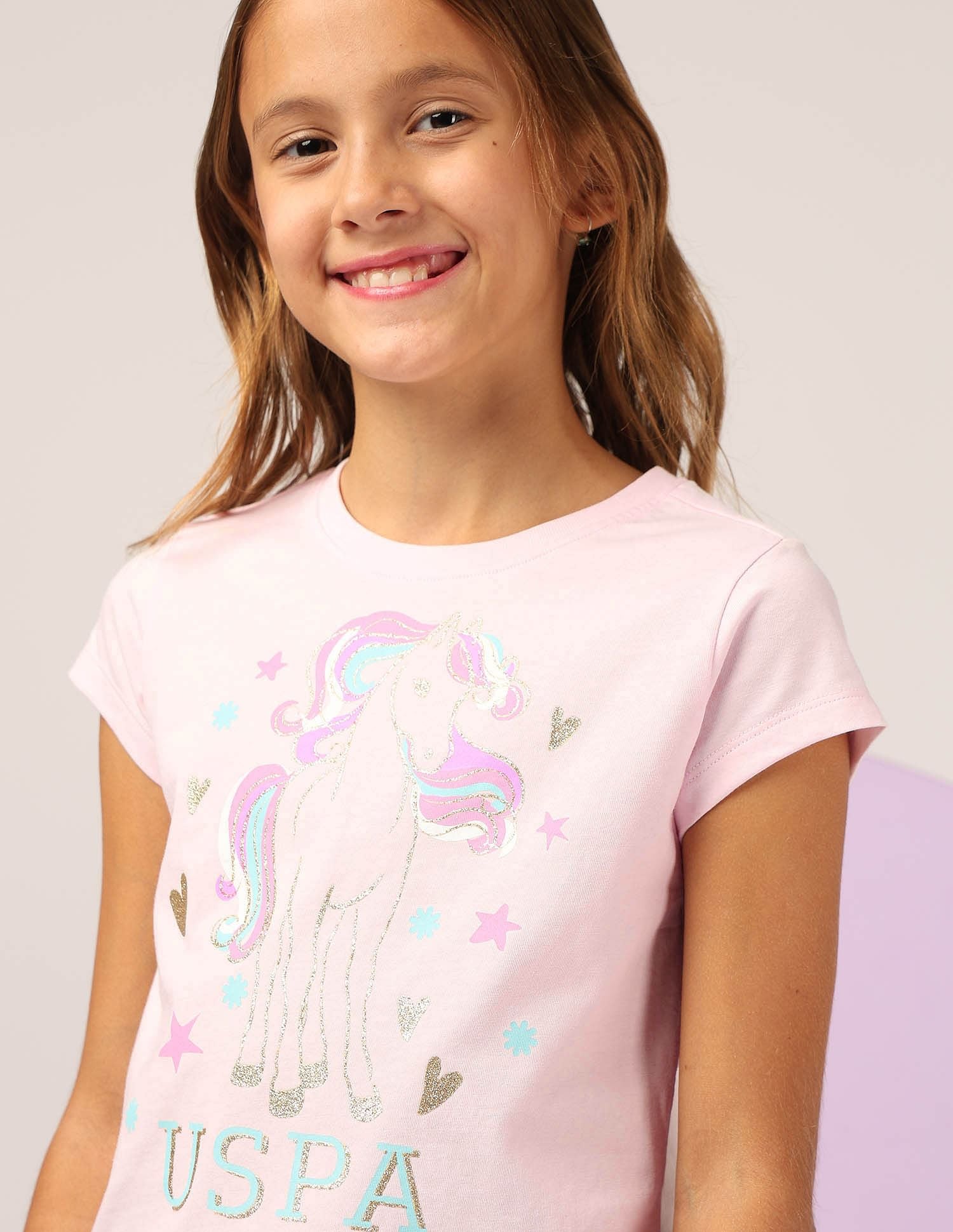 Girls Graphic Printed Regular Fit T-Shirt Light Pink - U.S. POLO ASSN. | Large