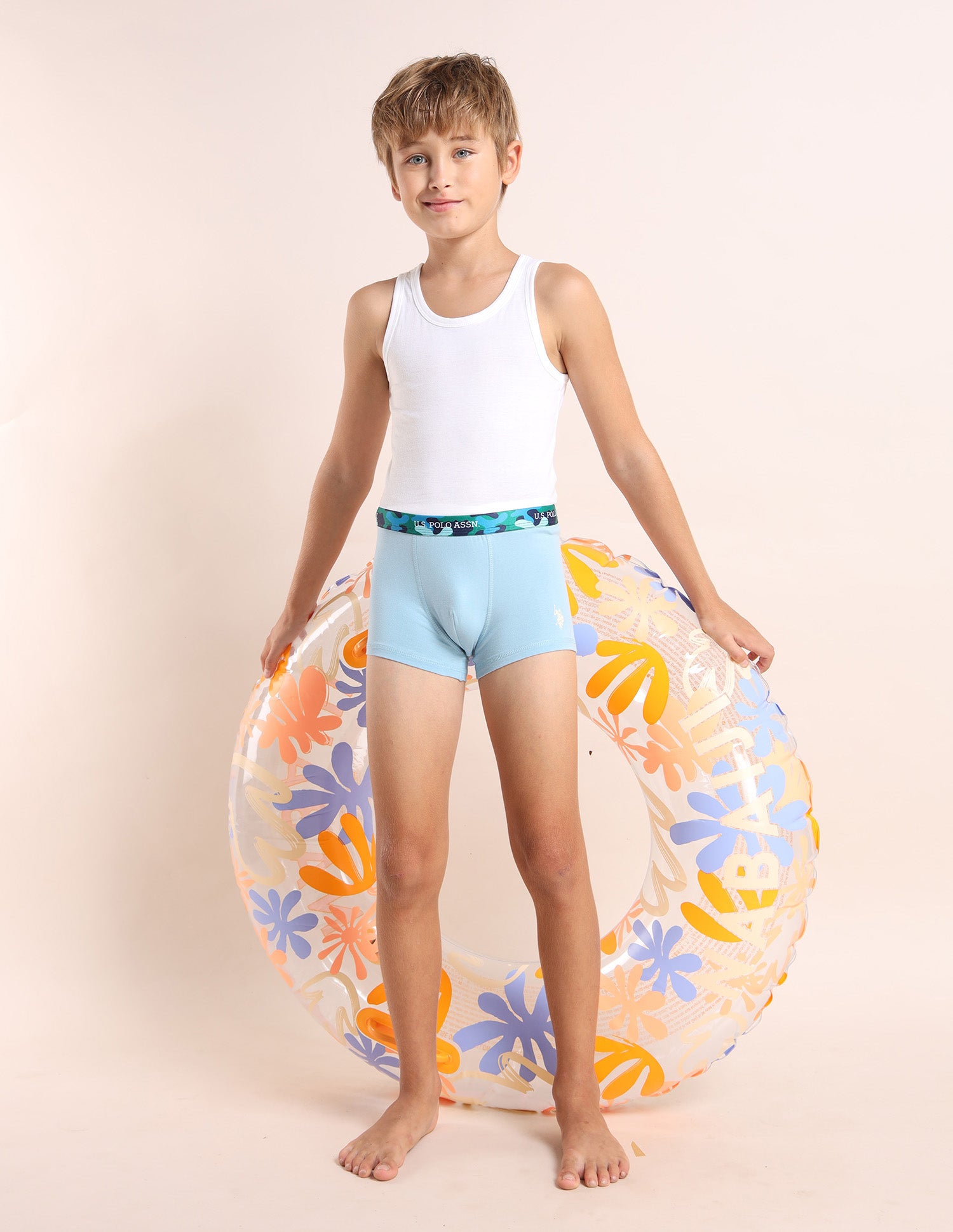 Boys Mid Rise Cotton Spandex Trunks - Pack Of 5 Blue, Navy, Grey, White and Blue - U.S. POLO ASSN. | Large