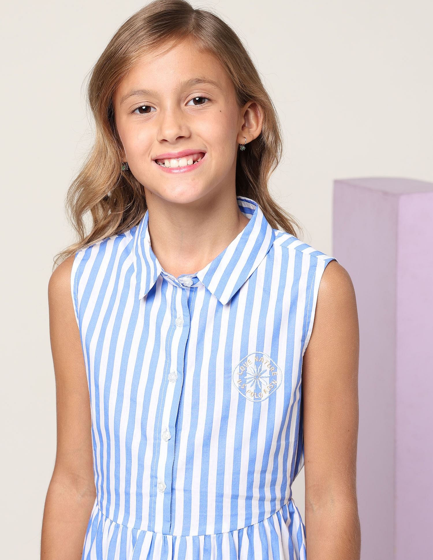 Girls Vertical Striped Fit And Flare Dress Light Blue - U.S. POLO ASSN. | Large