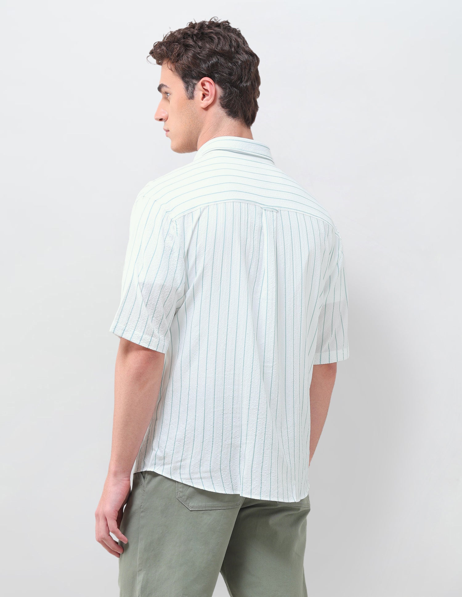Vertical Striped Crinkle Weave Shirt Green - U.S. Polo Assn. India | Large