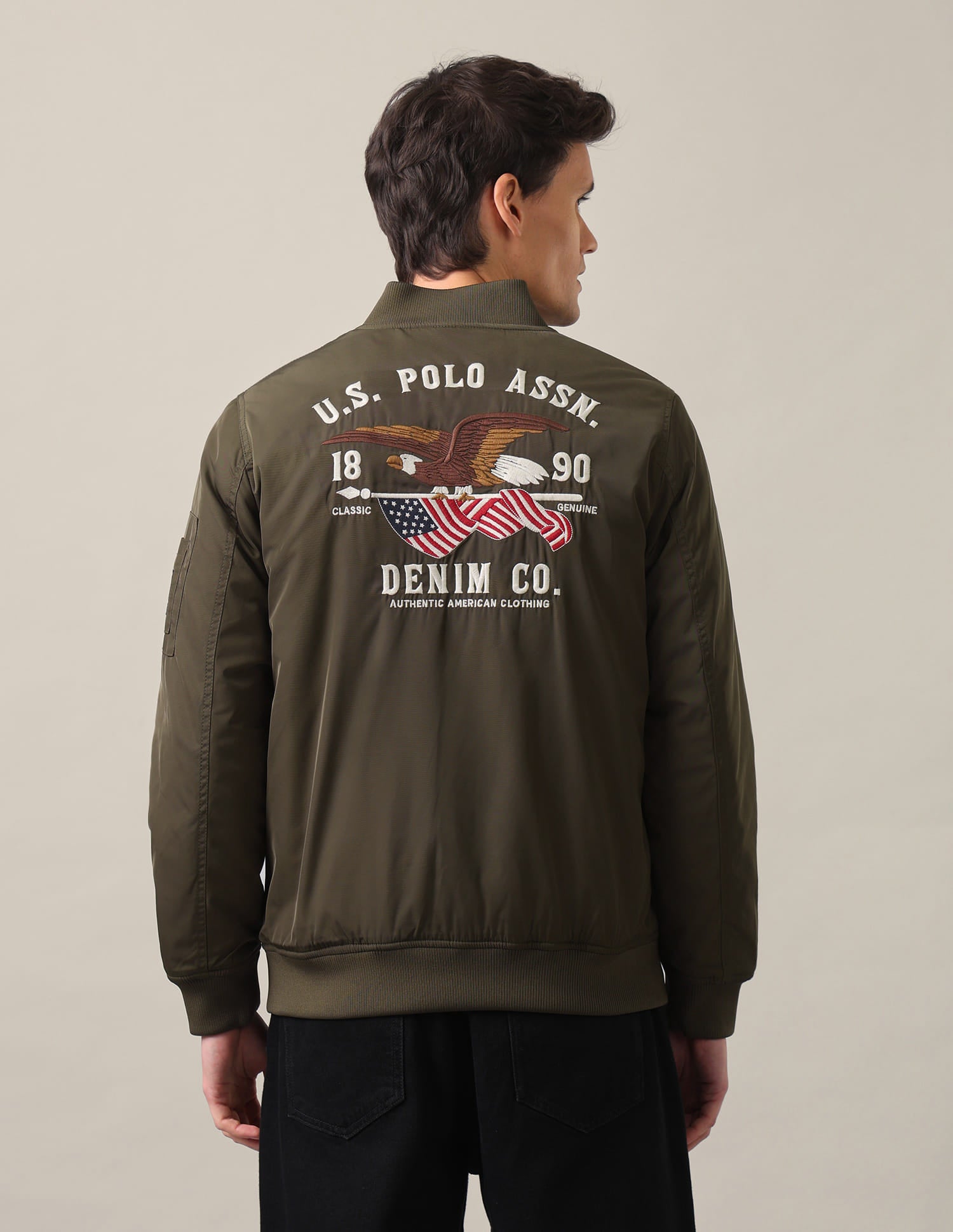 Stand Collar Brand Embroidered Polyester Bomber Jacket Olive - U.S. Polo Assn. India | Large