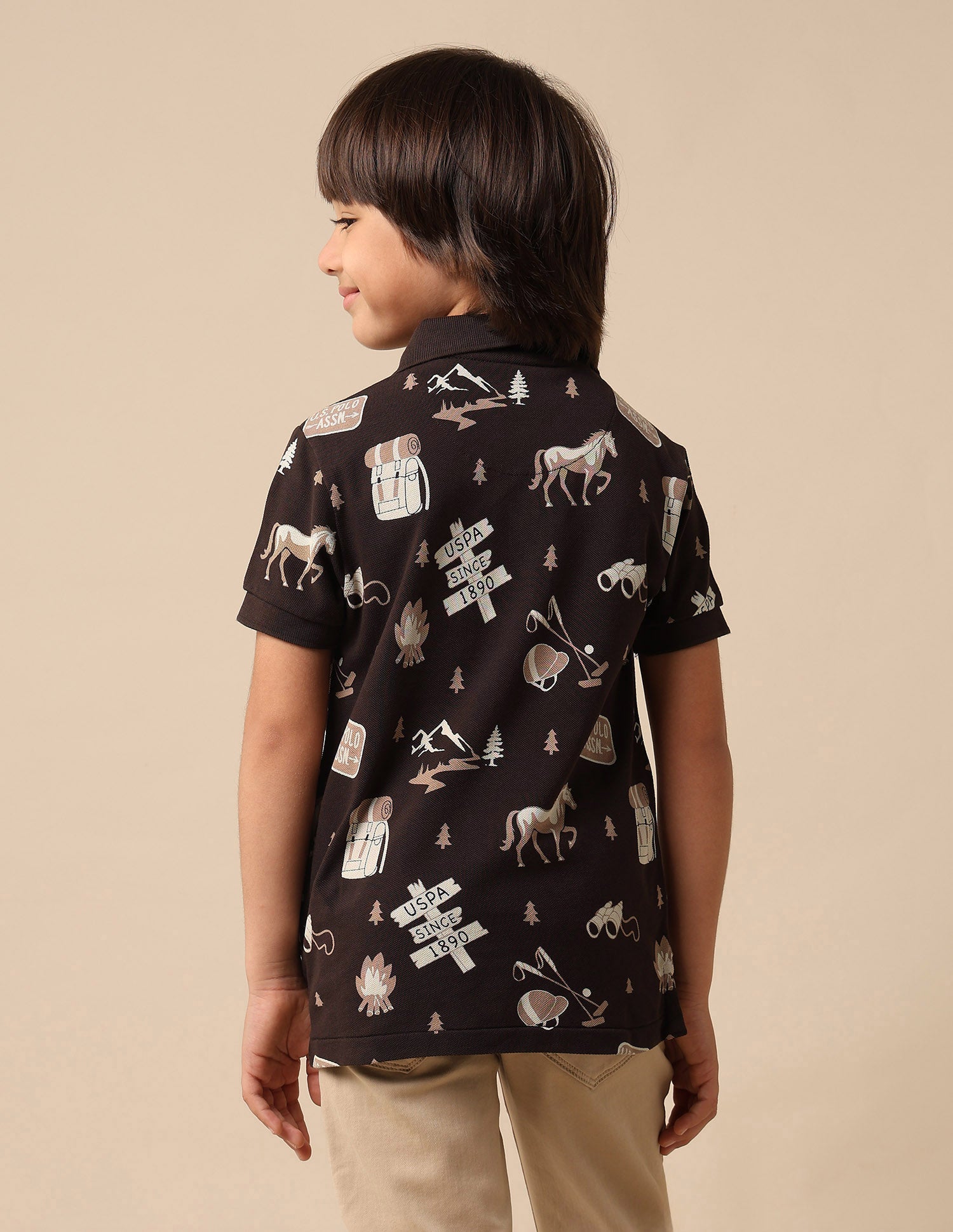 Boys All Over Printed Pure Cotton Polo Shirt Dark Brown - U.S. POLO ASSN. | Large