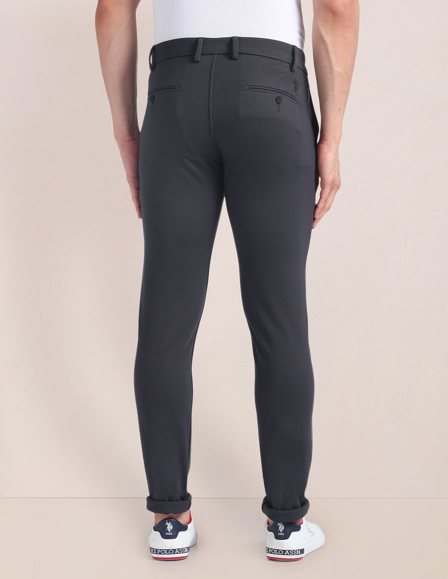 Slim Straight Fit Solid Trousers Grey - U.S. Polo Assn. India | Large