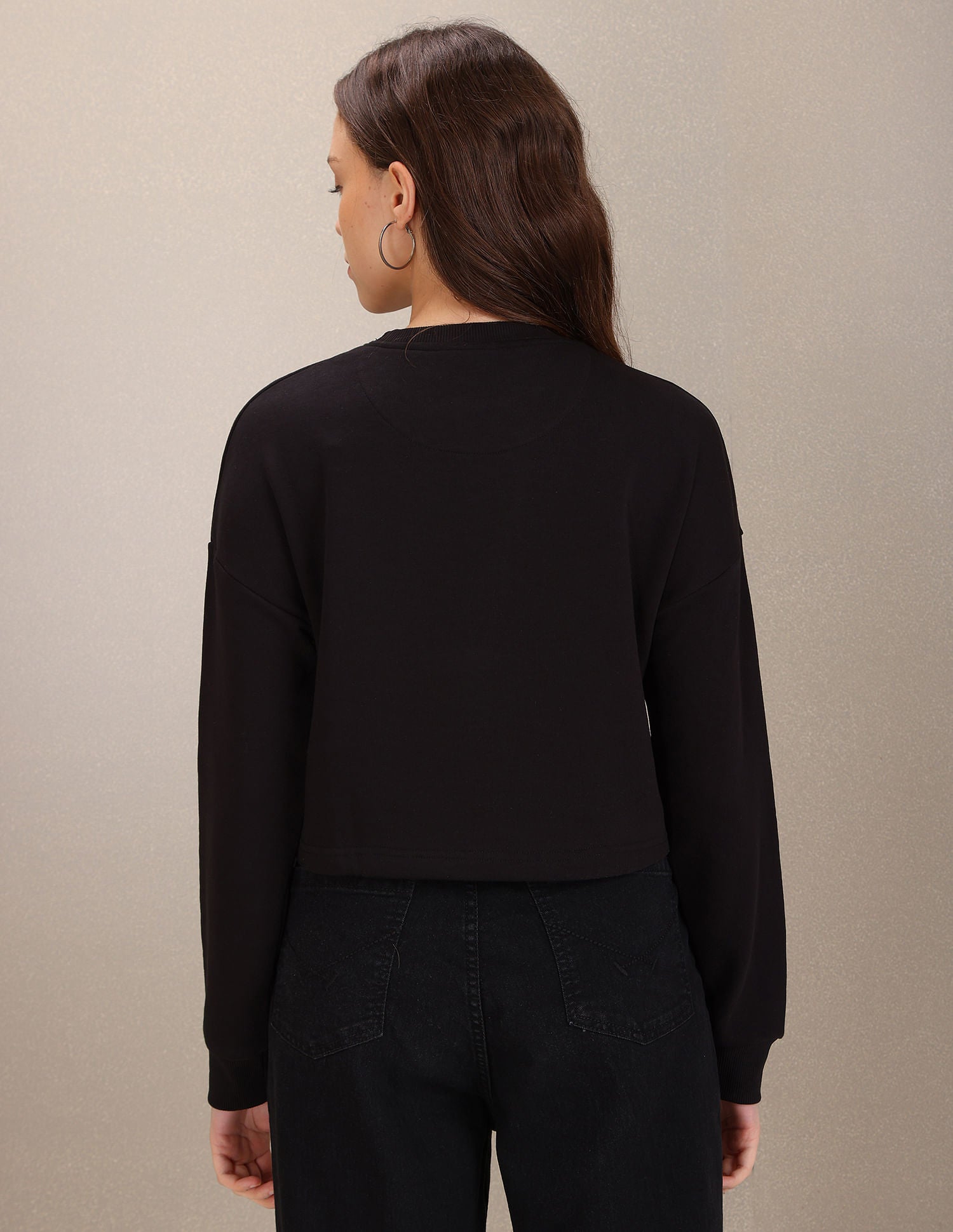 Crew Neck Typographic Print Crop Sweatshirt Black - U.S. Polo Assn. India | Large