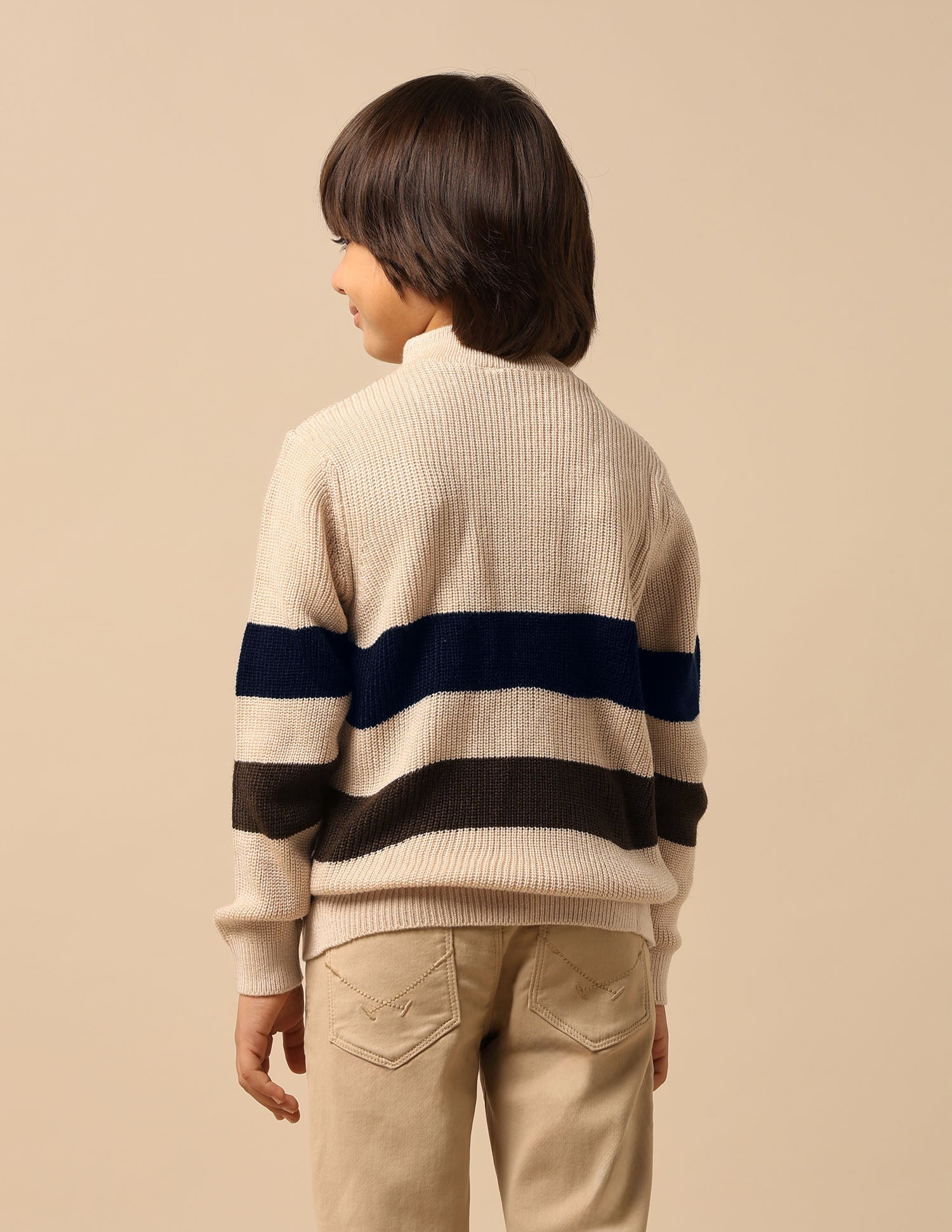 Boys Horizontal Striped Regular Fit Sweater Off White - U.S. Polo Assn. India | Large