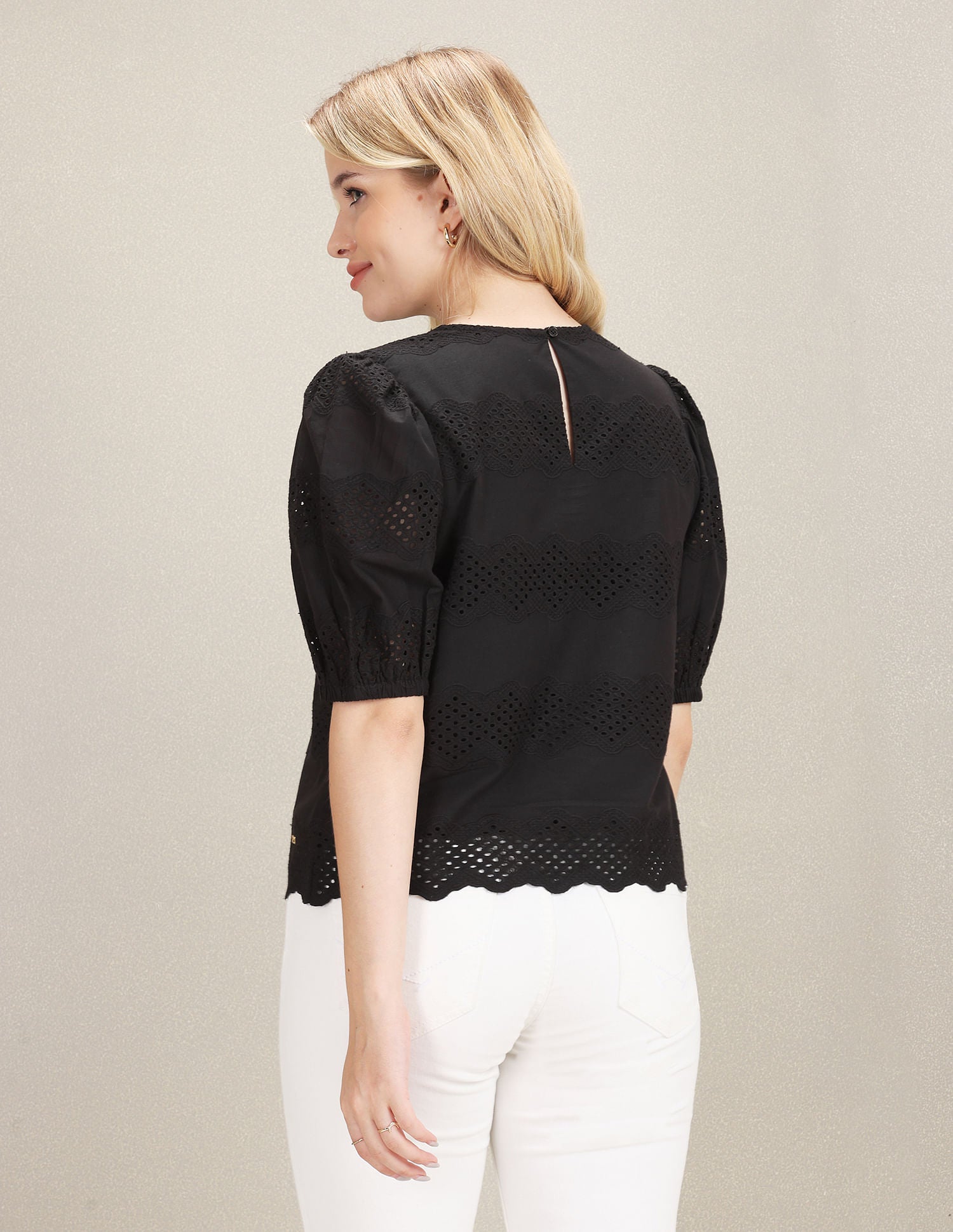 Puff Sleeve Schiffli Cotton Top Black - U.S. Polo Assn. India | Large
